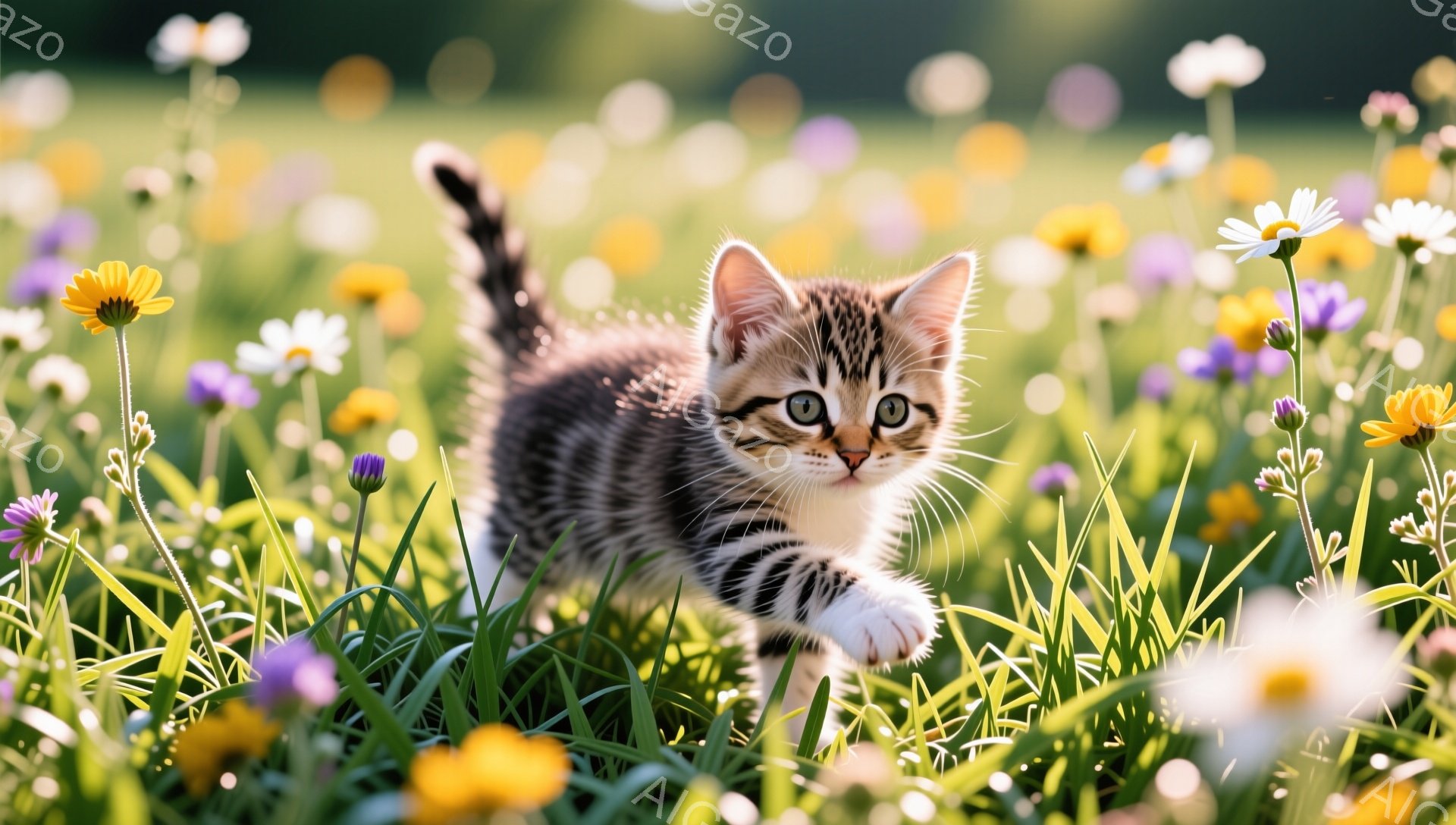 緑豊かな草原を、縞模様の小さな子猫が元気に駆け抜けている。鮮やかな花々が咲き乱れ、春の陽光が降り注いでいる。子猫は好奇心に満ちた表情で、遊び心いっぱいの姿を見せている。