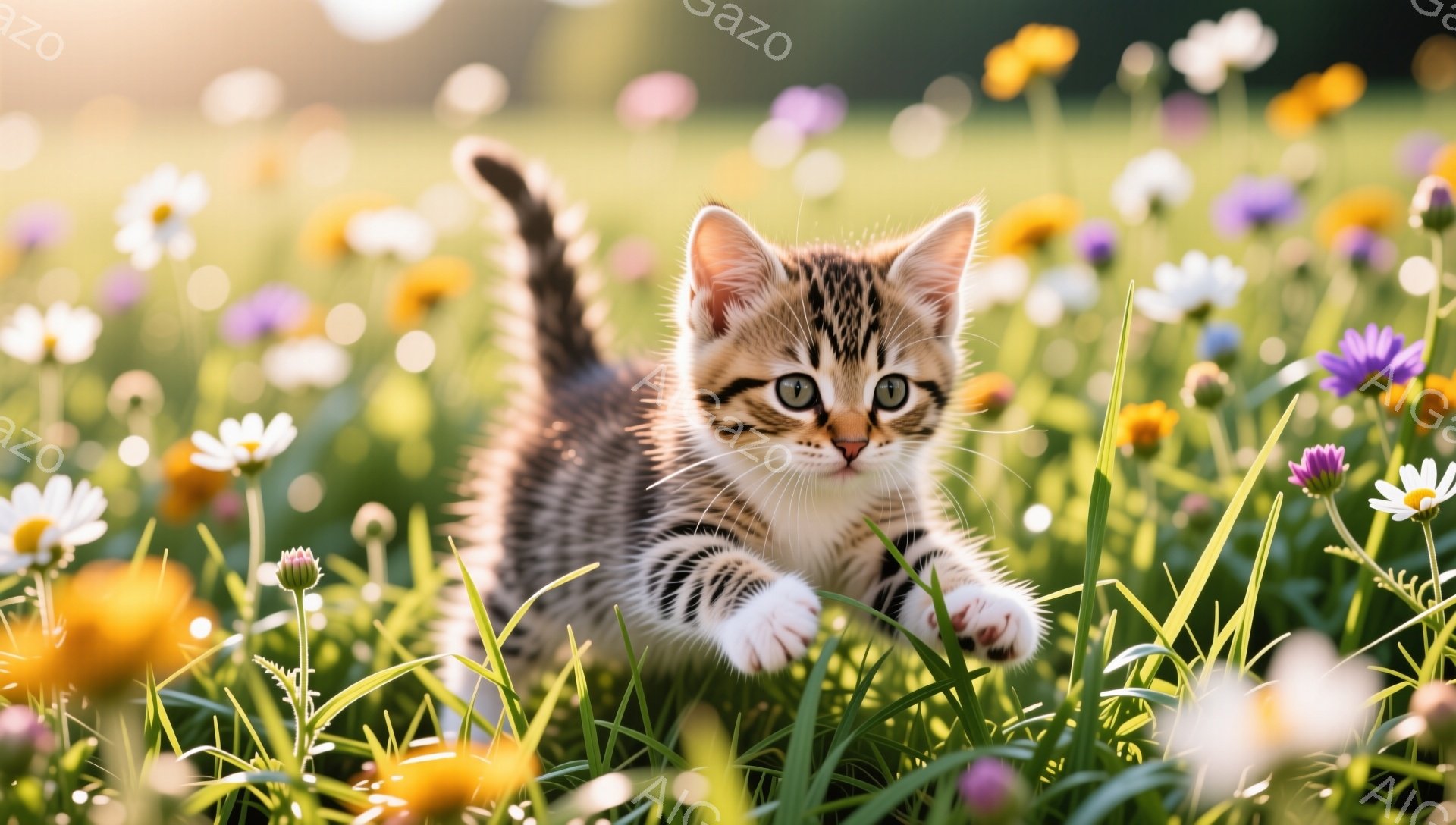 草原で遊ぶ子猫が写っています。明るい日差しが差し込み、花々が咲き乱れる中で、子猫は前足を出して駆け出そうとしています。その愛らしい姿は、春の暖かさと生命力を感じさせます。