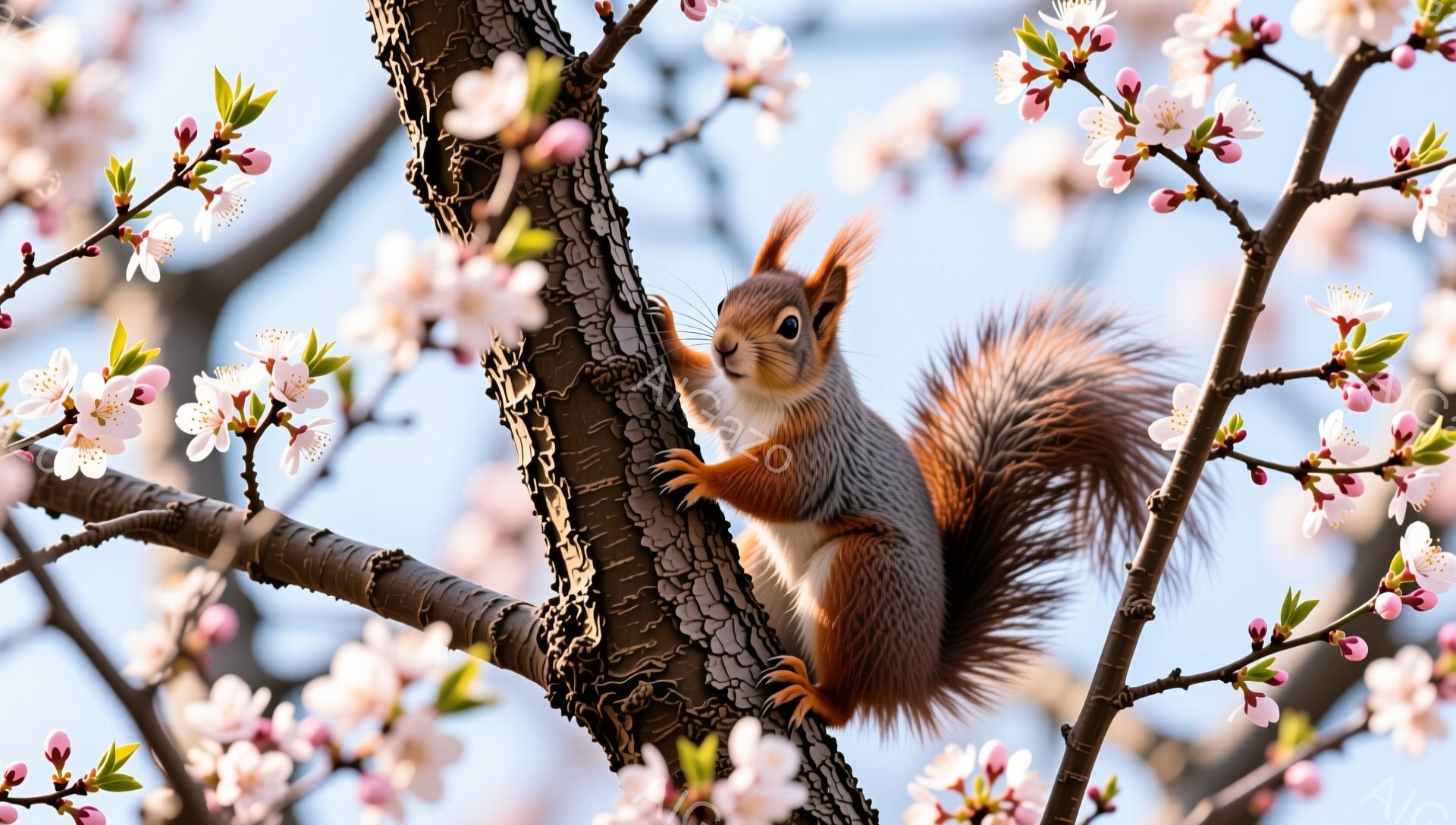 赤い毛並みをしたリスが、桜の木の枝にしっかりと掴まっています。桜の花が咲き誇り、春の暖かさと生命力を感じさせる穏やかな雰囲気です。リスは少し上目遣いで、好奇心旺盛な表情をしています。