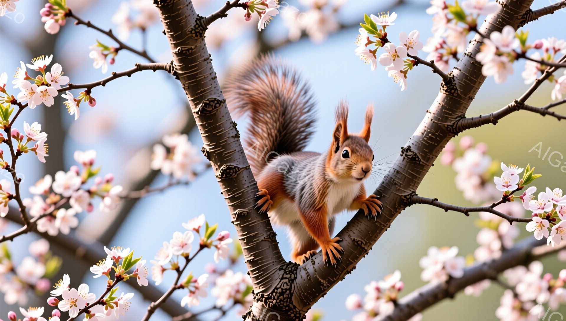 ピンク色の桜の木に、可愛らしいリスがしがみついています。リスは前足を使い、幹にしっかりと掴まり、好奇心旺盛な表情でこちらを見ています。春らしい穏やかで優しい雰囲気の写真です。 - AI生成フリー素材
