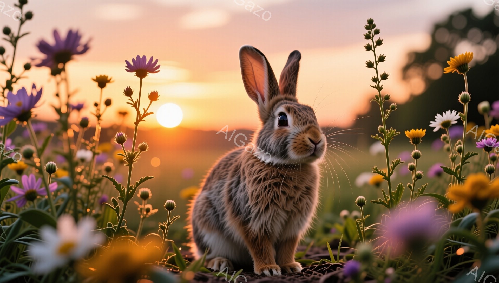 草原で花に囲まれた可愛らしい茶色のウサギがこちらを見ています。夕焼けが背景を温かいオレンジ色に染め、穏やかで平和な雰囲気を醸し出しています。ウサギの毛並みは細かく、生き生きとした表情が印象的です。 - AI生成フリー素材