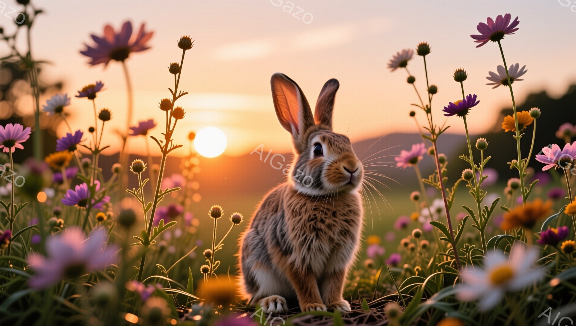 夕焼けを背景に、花畑に佇む可愛らしい茶色のウサギが描かれている。ウサギは前足を揃えて座り、優しい眼差しでこちらを見ている。鮮やかな花々と温かい光が、穏やかで幻想的な雰囲気を醸し出している。