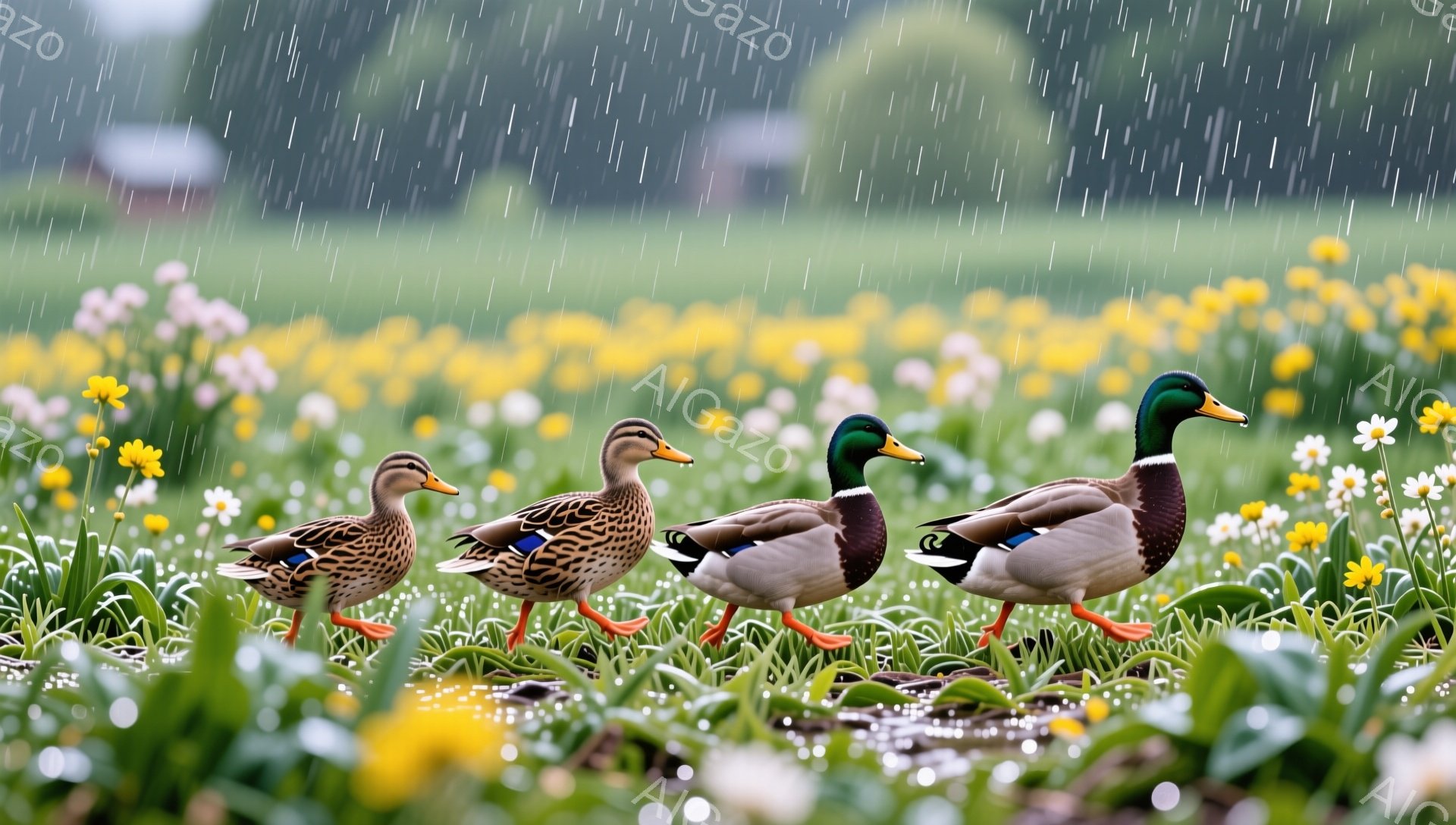アヒルが黄色い花畑の中を歩いている。雨が降り、背景は緑豊かでぼやけている。母鴨に続いて、数羽の子鴨が隊列をなして進んでいる様子が捉えられている。 - AI生成フリー素材