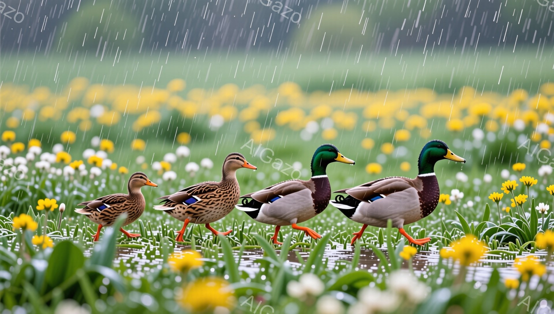 アヒルが黄色と白色の花畑の中を歩いている。雨が降り、水滴が花びらに輝いている。穏やかで平和な雰囲気が漂う。 - AI生成フリー素材