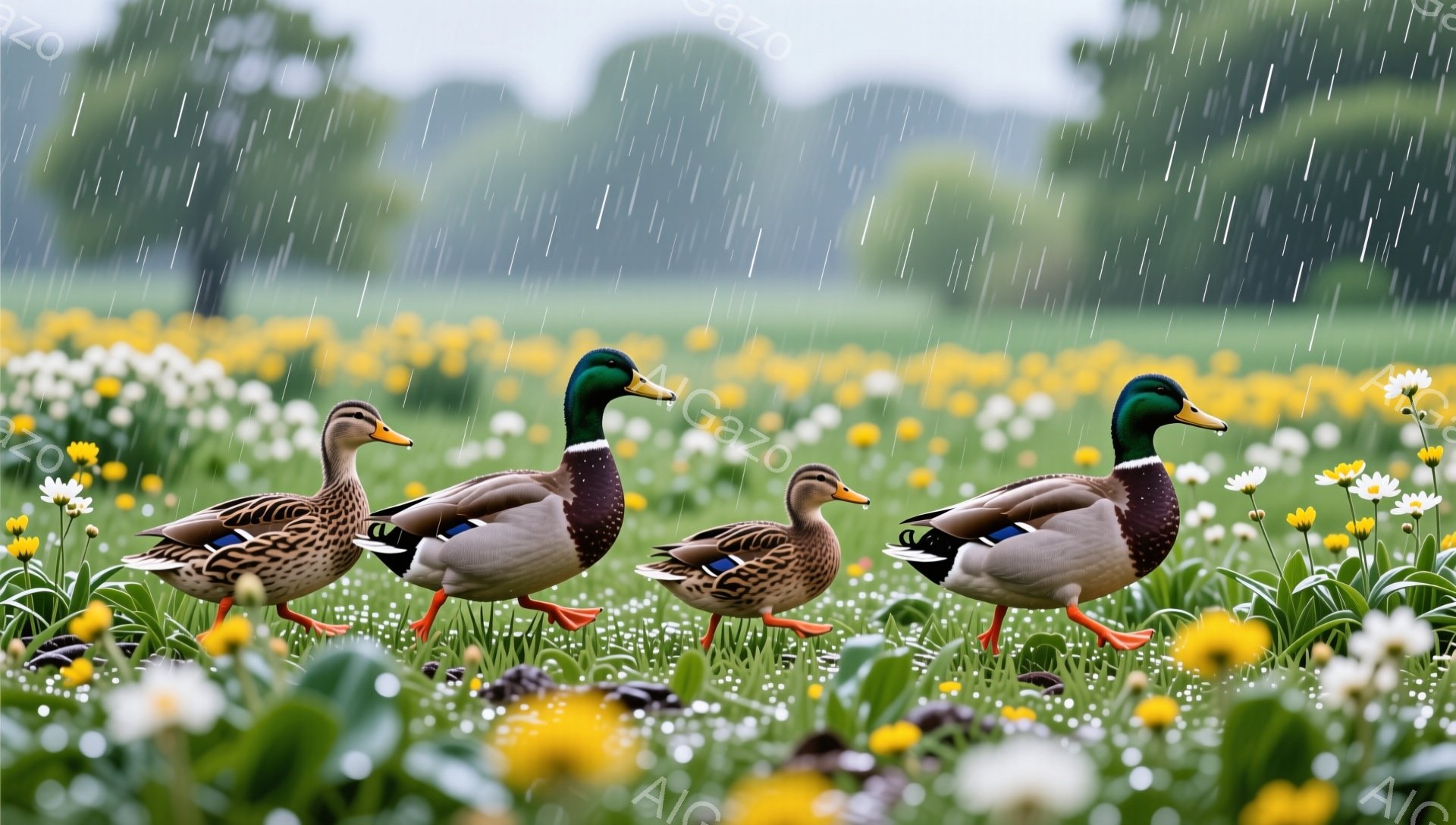 アヒルが数羽、黄色い花が咲き乱れる草原の中を歩いている。雨が降り注ぎ、水滴が花びらを濡らし、全体的に穏やかで自然な雰囲気を醸し出している。アヒルの鮮やかな羽の色が、緑と黄色の背景の中で際立っている。 - AI生成フリー素材