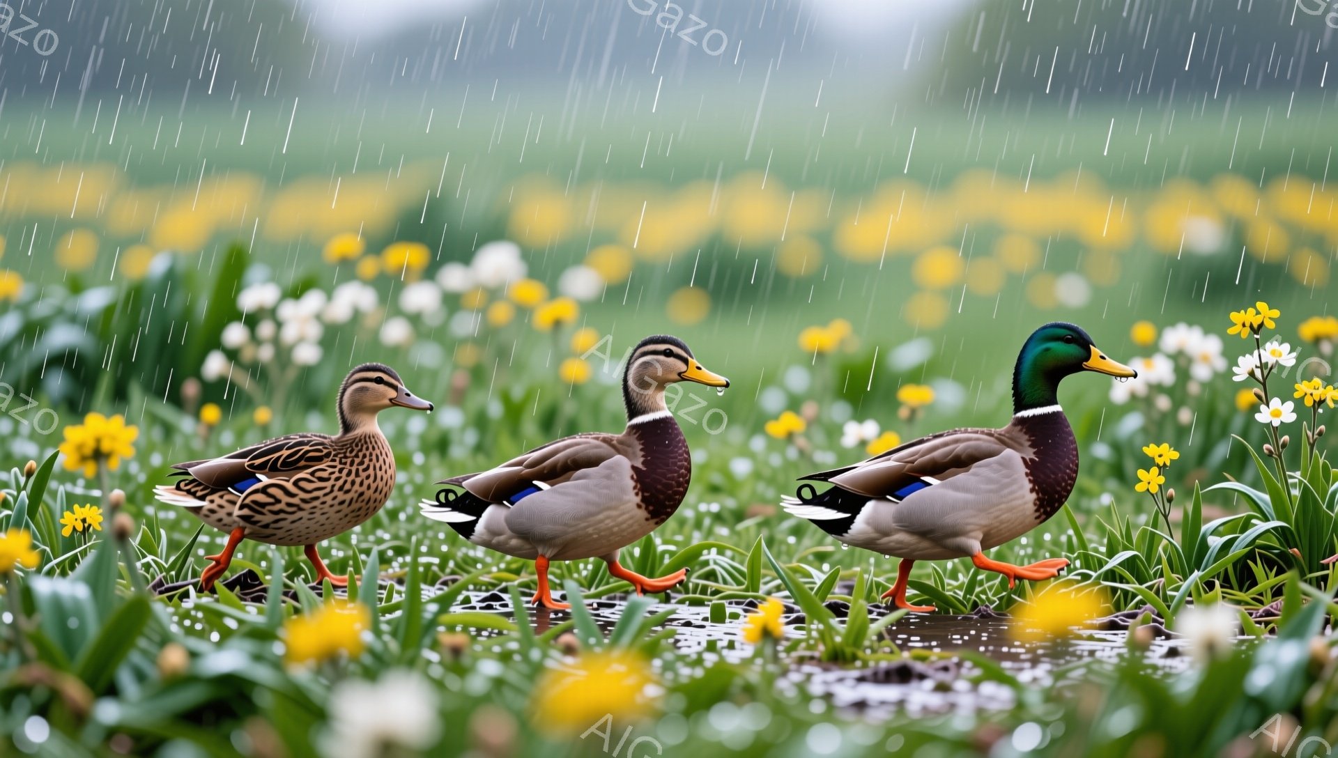 ３羽のアヒルが黄色い花畑の中を歩いている。雨が降り、地面は水たまりができている。アヒルたちは少し湿っているが、のんびりとした様子で花の間を散歩している。