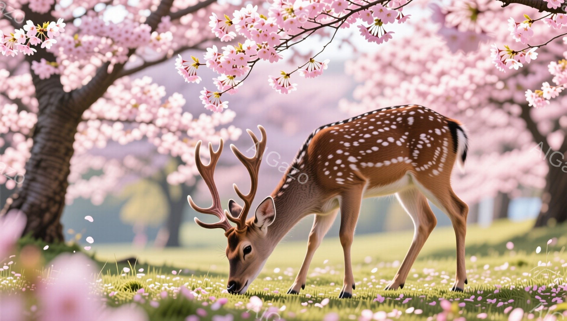 緑の草原で、斑点模様の美しいシカが地面の草を食べている。背景には桜の木が咲き誇り、花びらが舞い散る様子が春の訪れを感じさせる。シカの穏やかな様子と桜の優しいピンク色が調和し、平和な雰囲気を醸し出してい - AI生成フリー素材