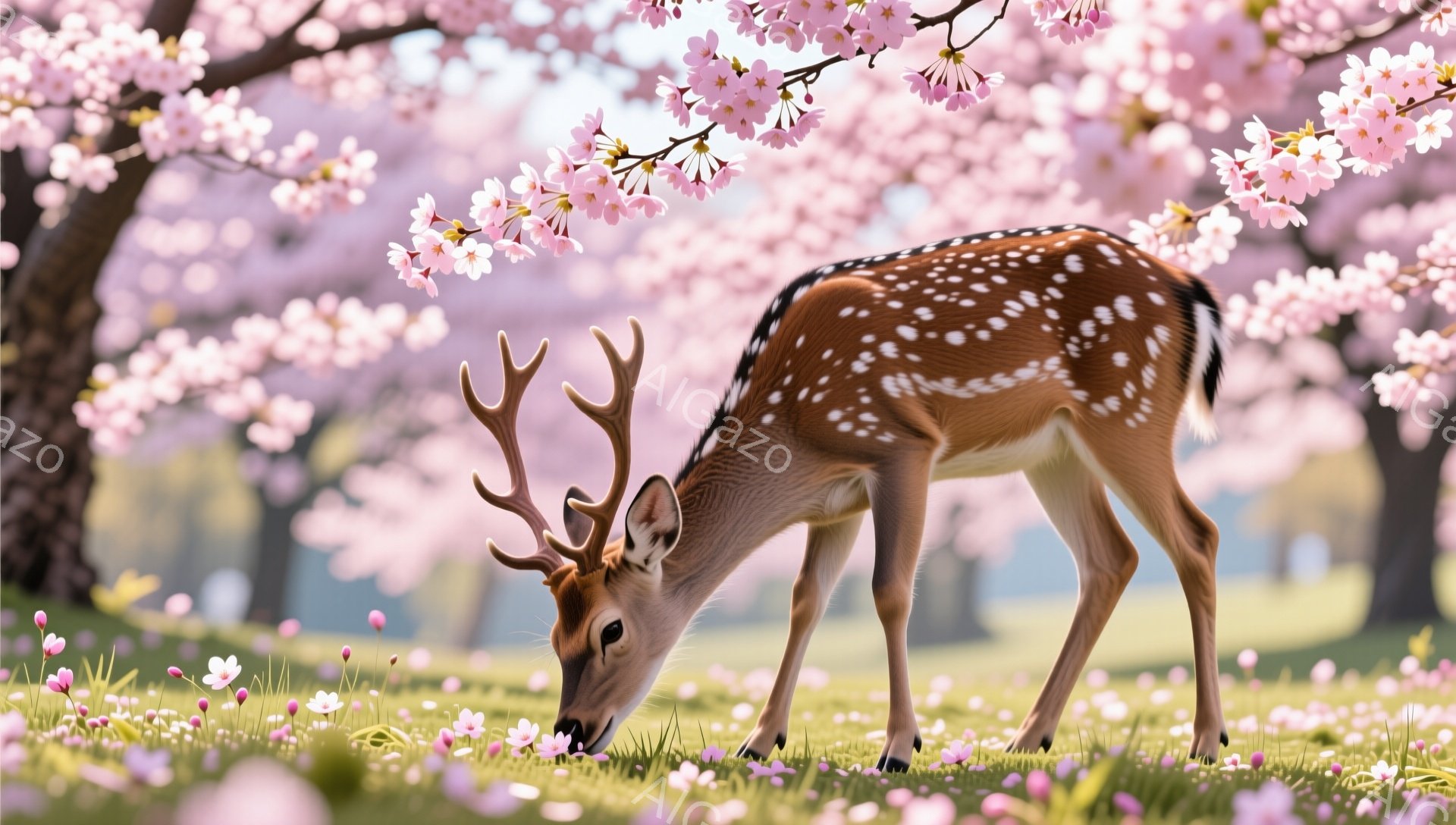 ピンク色の桜の花びらが舞い散る草原で、斑点模様のシカが草を食んでいます。シカは優雅に頭を下げ、周囲の美しい景色を楽しんでいるようです。春の暖かな日差しが、穏やかな雰囲気を醸し出しています。