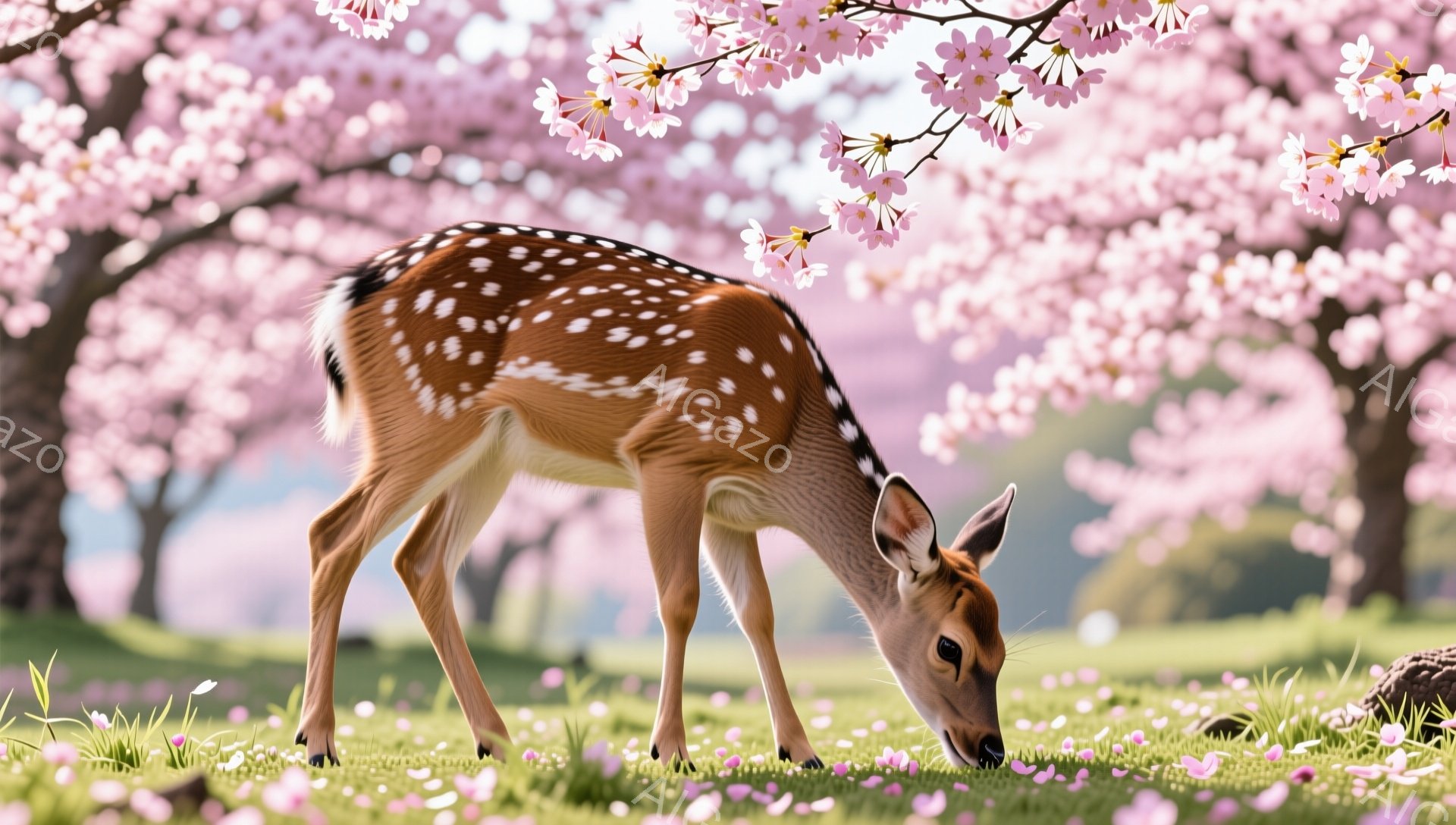 桜並木の下で、幼いシカが草を食べている様子が捉えられています。ピンク色の花びらが舞い散り、春の穏やかな雰囲気を醸し出しています。シカの毛並みは美しく、優しい光に照らされています。