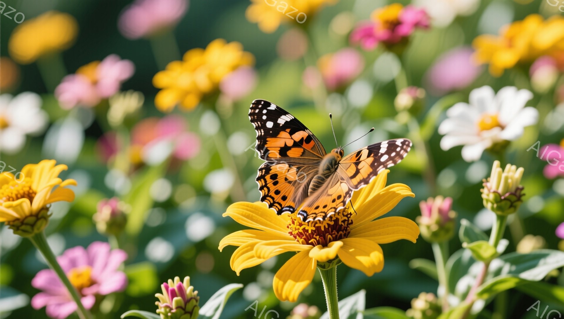 オレンジと黒の美しい蝶が、鮮やかな黄色の花びらの上に止まっています。背景には、ピンクや白の花々が咲き乱れ、緑豊かな植物が広がっています。暖かい日差しが差し込み、穏やかで平和な雰囲気です。 - AI生成フリー素材