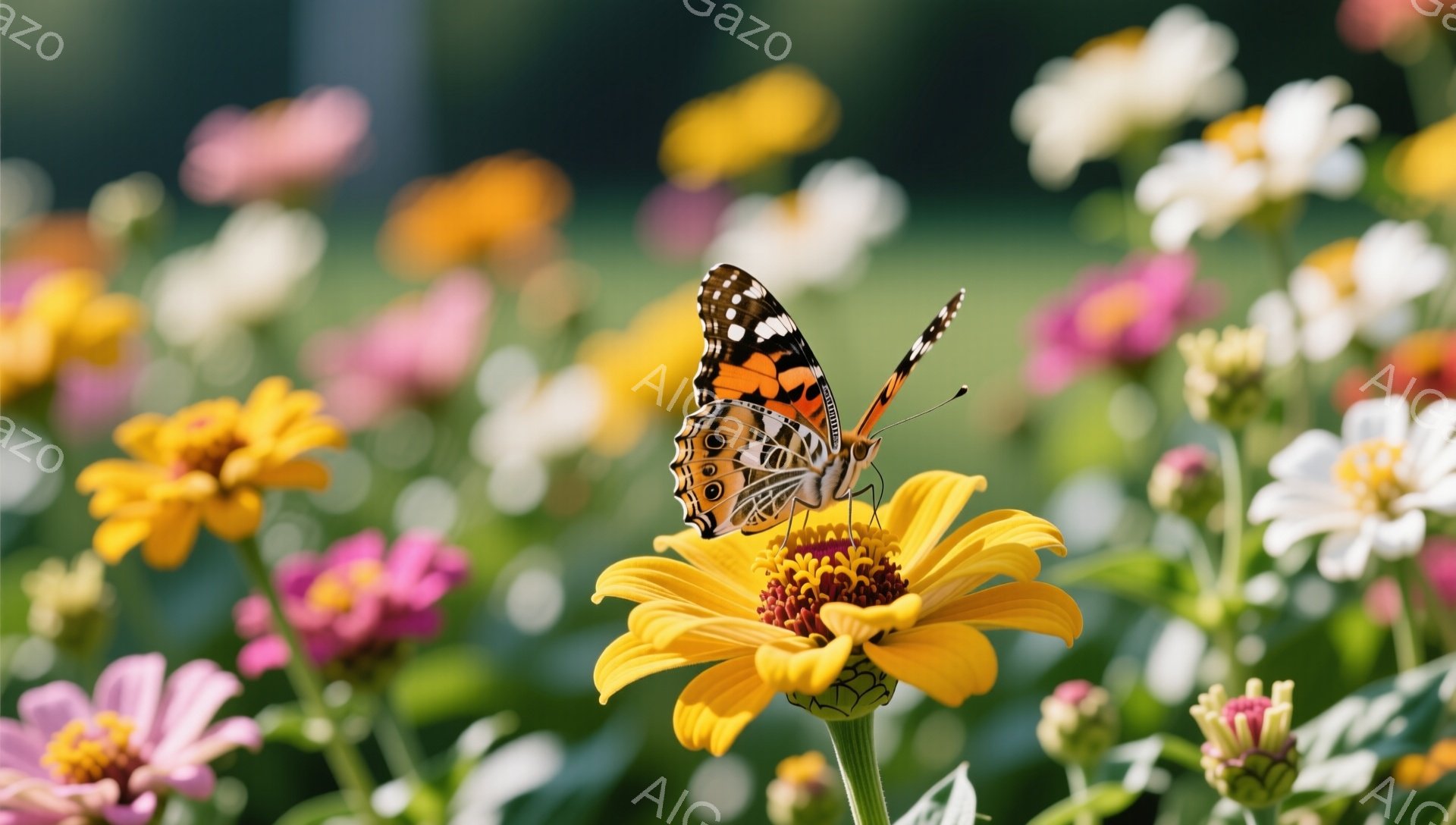 色とりどりの花々が咲き乱れる花壇の中で、鮮やかなオレンジと黒色の模様を持つ蝶が黄色い花にとまっている。柔らかな光が差し込み、背景はぼやけており、静かで穏やかな雰囲気が漂う。蝶は花から蜜を吸っているよう - AI生成フリー素材