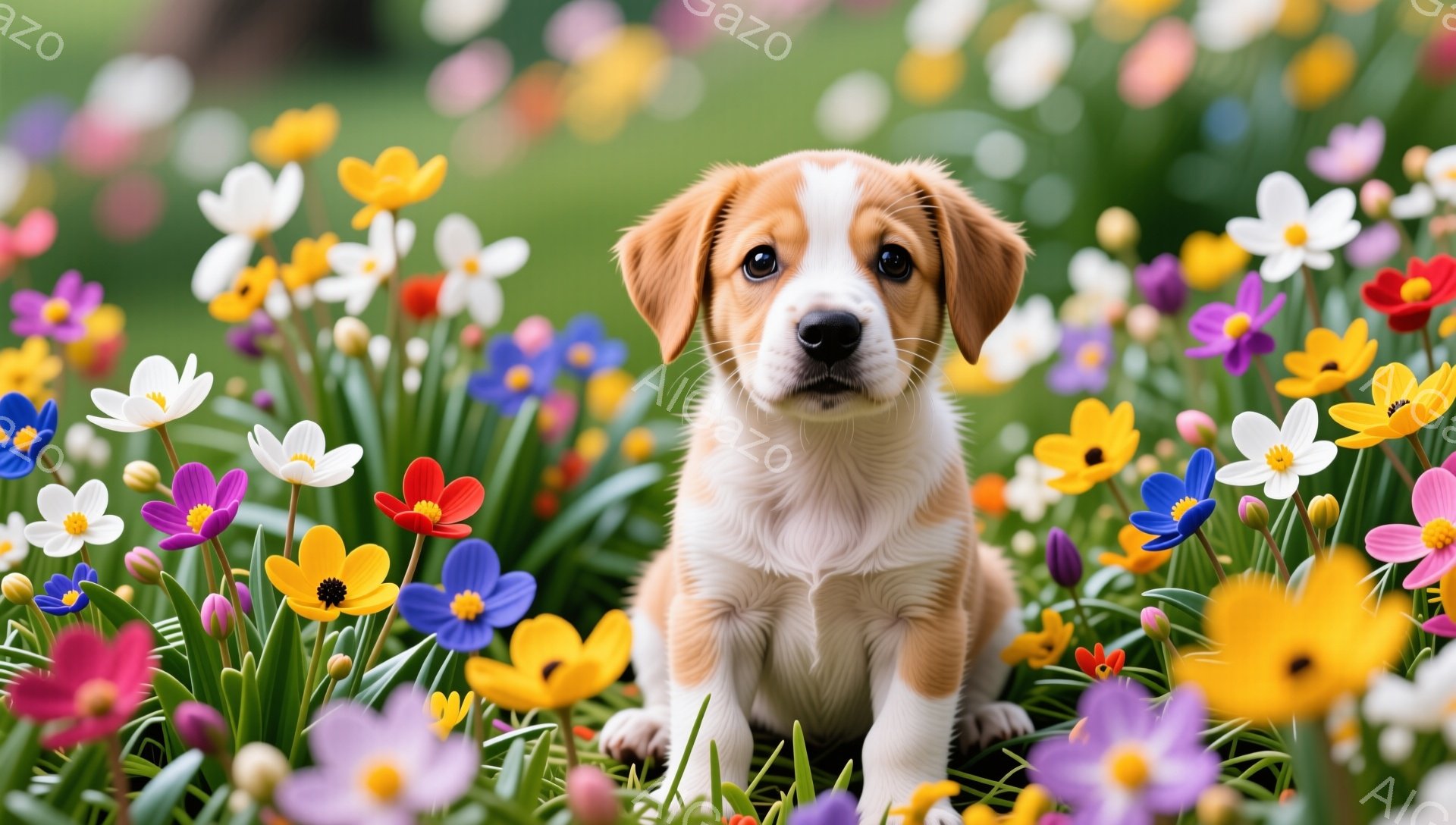 明るい緑色の草むらの中に、子犬が座っています。子犬はクリーム色と茶色の毛並みで、大きな黒い瞳が印象的です。周りには色とりどりの花が咲き乱れ、春の暖かく穏やかな雰囲気を醸し出しています。 - AI生成フリー素材