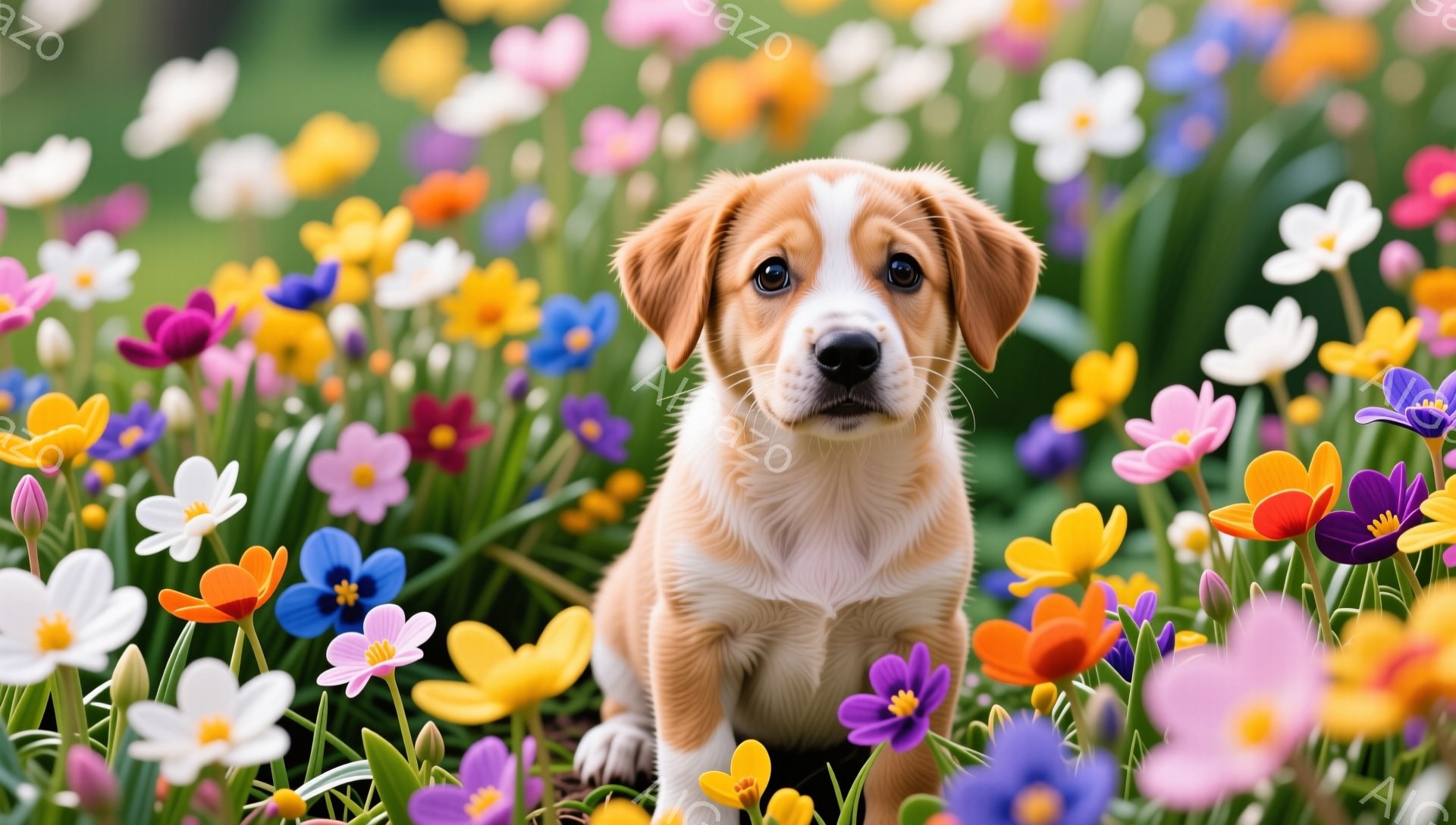 明るい花畑の中に、子犬が正面を見据えています。クリーム色の毛並みで、白い足と胸が特徴的です。春らしい柔らかい光が差し込み、穏やかな雰囲気を醸し出しています。 - AI生成フリー素材