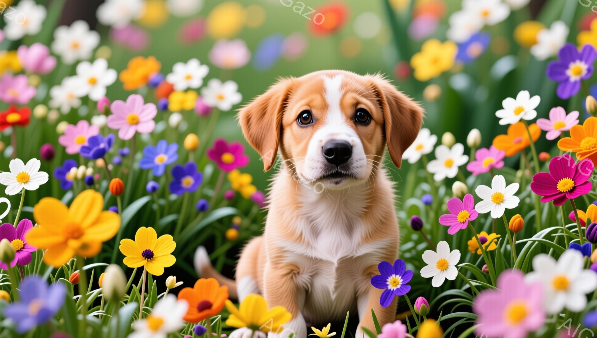 花畑に座っている可愛らしい子犬が写っています。明るい日差しの中で、様々な色の花々が咲き誇り、温かい雰囲気が漂っています。子犬は好奇心に満ちた表情で、カメラの方を見つめています。 - AI生成フリー素材