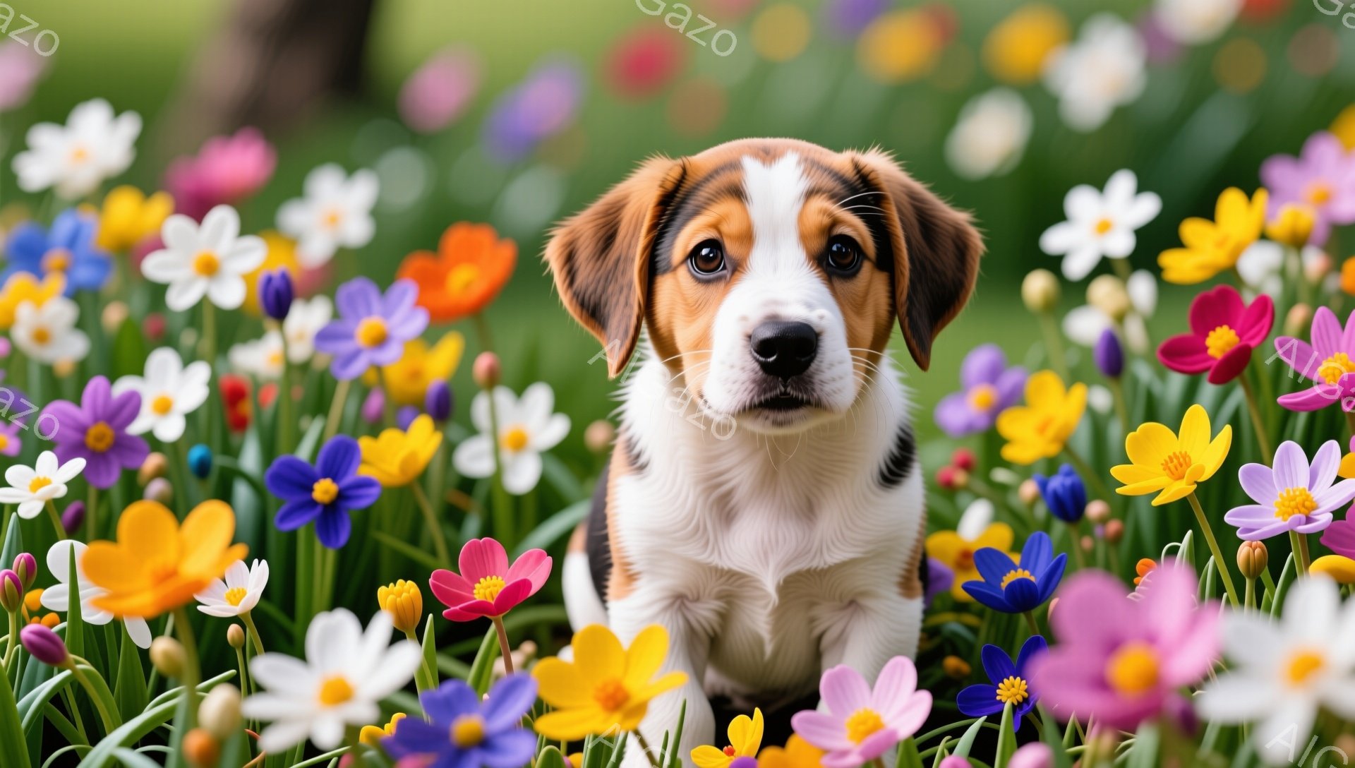 明るい花畑の中で子犬が正面を見つめている。 クリーム色と茶色の毛並みで、大きな茶色の瞳が印象的だ。 春らしい色彩と柔らかい光が、暖かく幸せな雰囲気を醸し出している。 - AI生成フリー素材