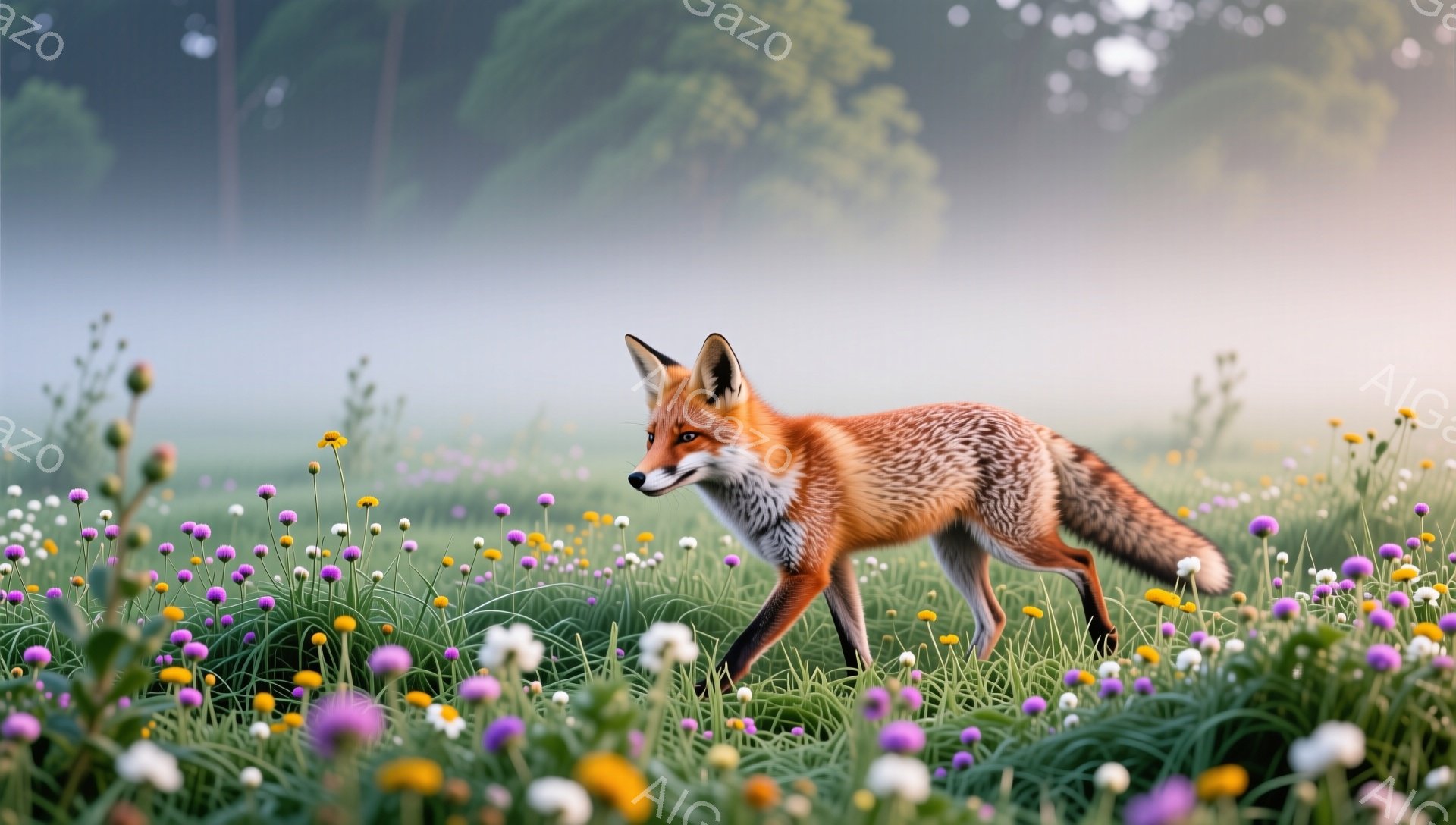 鮮やかなオレンジ色のキツネが、紫と白の花が咲き乱れる草原を歩いている。朝霧が立ち込め、背景はぼやけており、穏やかで夢幻的な雰囲気を醸し出している。キツネは警戒しながらも、好奇心に満ちた表情で前を見つめている。