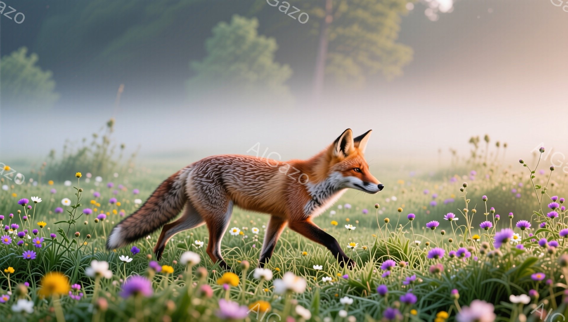 早朝の草花が生い茂る草原を、一匹の狐が歩いている。朝日が差し込み、草地に白い光が降り注ぐ中、狐の毛並みは黄金色に輝いている。花々が咲き乱れ、穏やかで幻想的な雰囲気を醸し出している。 - AI生成フリー素材