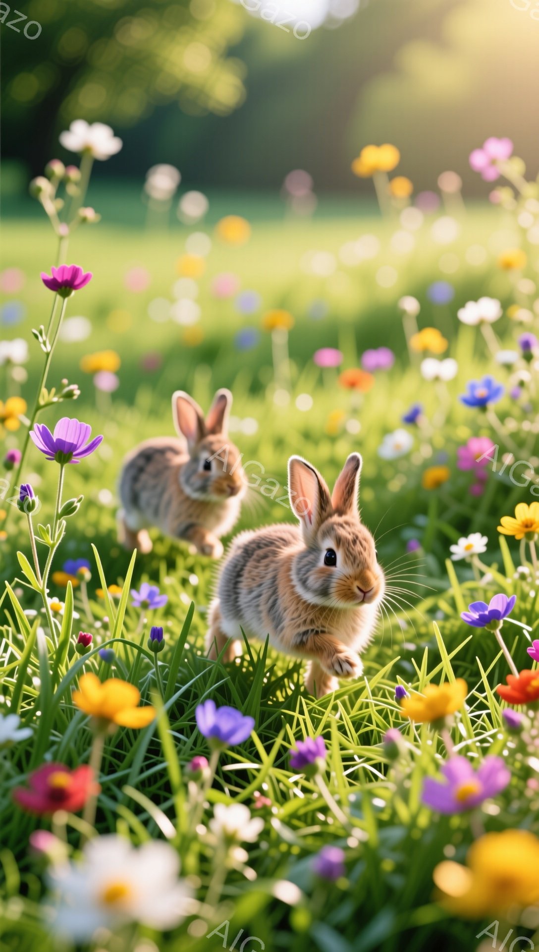広々とした野原で、２匹のウサギが花の間を走り回っています。太陽の光が差し込み、花々が色鮮やかに咲き誇る、平和で温かい雰囲気です。ウサギたちは可愛らしく、自然の中で楽しそうに過ごしている様子が伝わってきます。