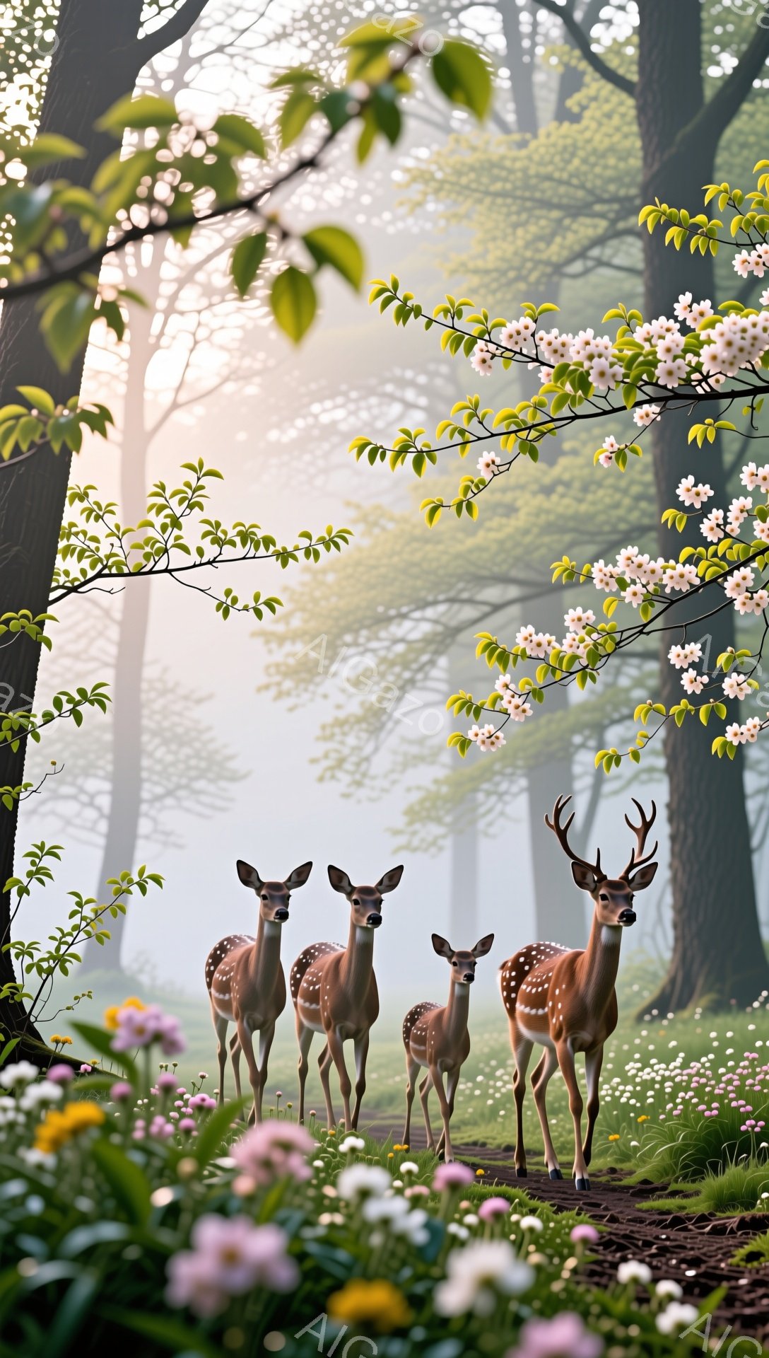 静かな森の中で、斑点模様のシカの家族が咲き乱れる花々の中に佇んでいます。朝日が木々の間から差し込み、幻想的な雰囲気を醸し出しています。シカたちは穏やかで平和な表情で、まるで森の精霊のようです。