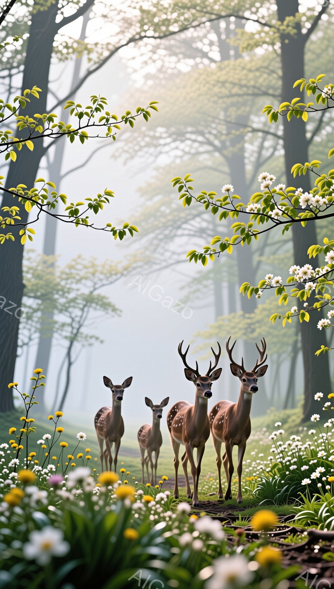 穏やかな森の中で、美しい斑点模様のシカの家族が佇んでいます。日差しが木々の間から差し込み、野の花々が咲き乱れる幻想的な光景です。シカたちは、警戒しながらも静かに森の平和を満喫しているようです。 - AI生成フリー素材