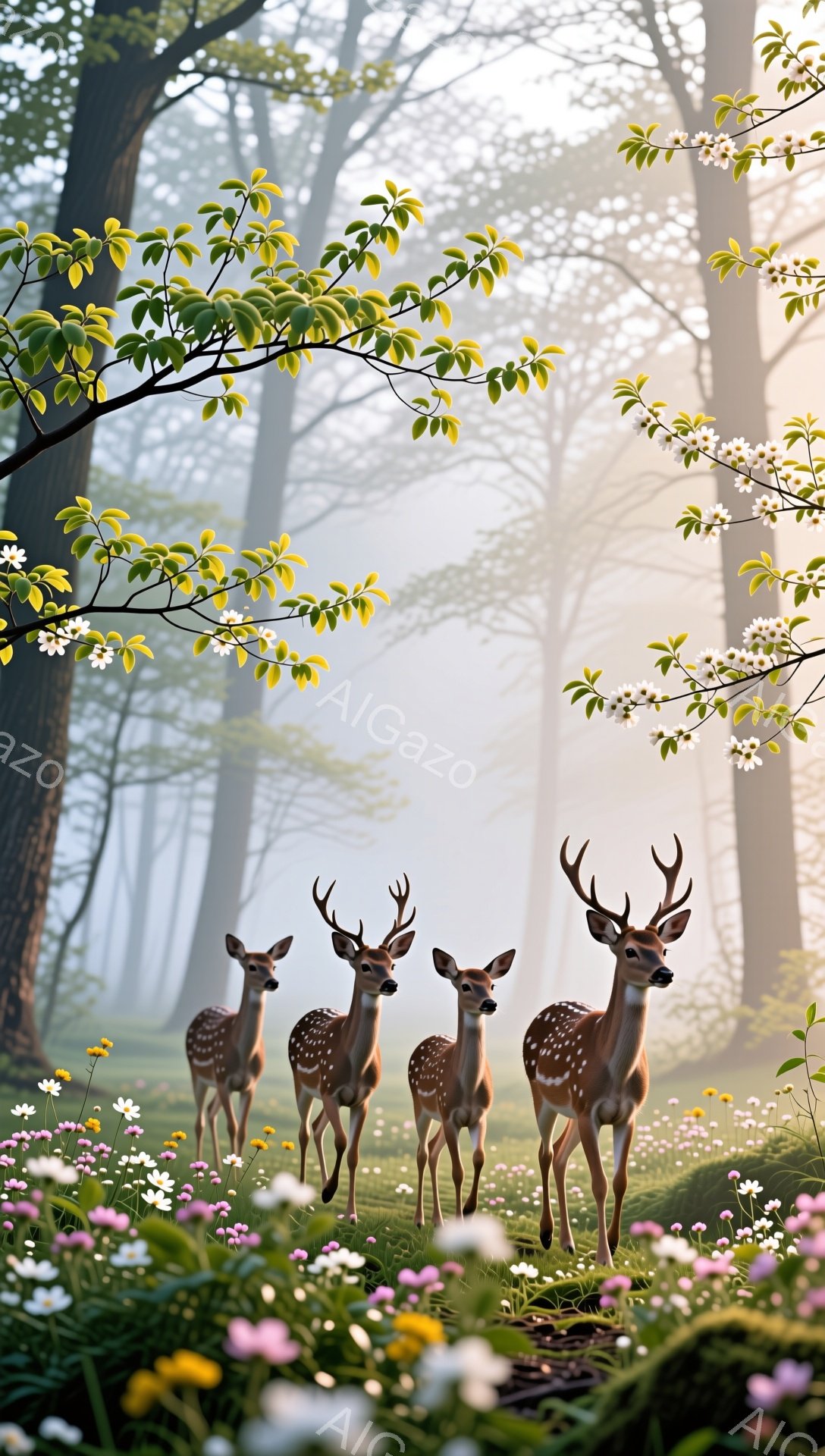 美しい鹿が花咲き乱れる森の中で佇んでいます。朝日の光が木々の間から差し込み、幻想的な雰囲気を醸し出しています。鹿たちは穏やかな表情で、春の訪れを感じさせる光景です。 - AI生成フリー素材