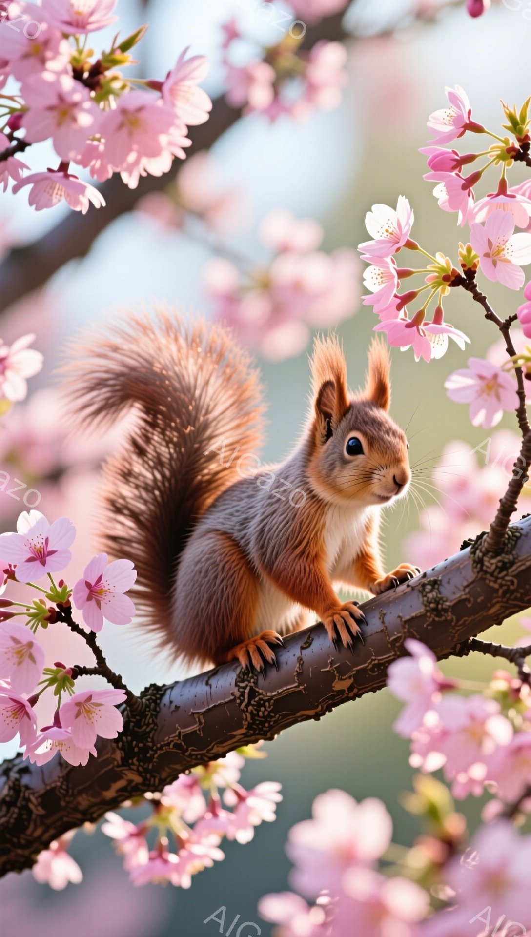 桜の枝に赤いリスがとまっている。リスは片方の足を上げて、何かを見ているように見える。背景は桜の花で満たされ、春らしい穏やかな雰囲気が漂っている。 - AI生成フリー素材