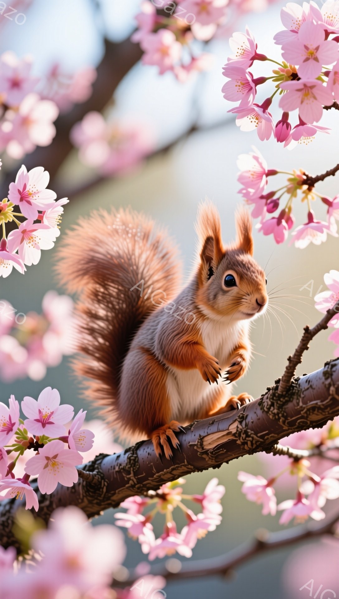 リスが桜の枝にとまってこちらを見ています。毛並みは赤茶色でふっくらとしており、可愛らしい姿をしています。背景は淡いピンク色の桜の花で埋め尽くされ、春らしい穏やかな雰囲気です。 - AI生成フリー素材