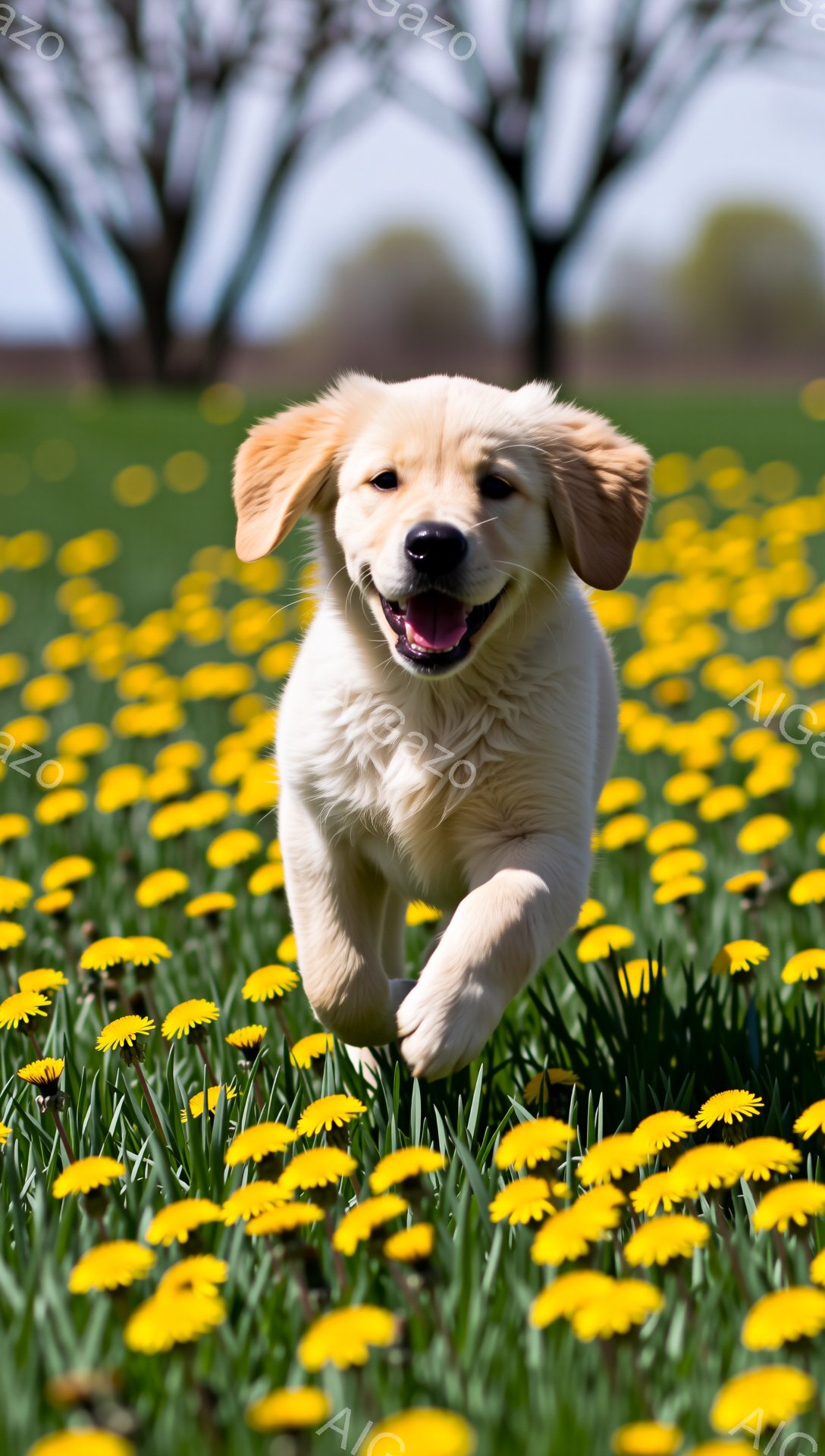 明るい緑の草原にタンポポが咲き乱れ、ゴールデンレトリバーの子犬が嬉しそうに駆け抜けている。子犬は口を開けて舌を出し、楽しげな表情で飛び跳ねている。背景にはぼんやりと木々が見え、春の暖かく穏やかな雰囲気 - AI生成フリー素材