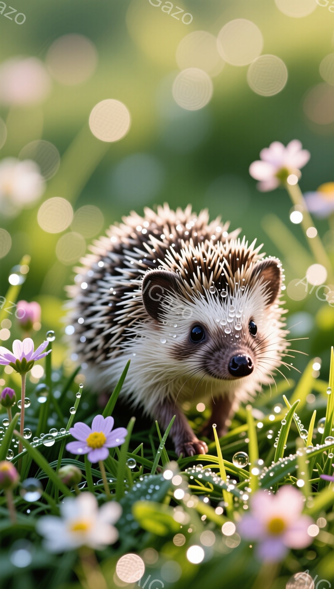 緑豊かな草むらの中で、小さなハリネズミが可愛らしく佇んでいます。花々と朝露に囲まれ、つぶらな瞳が印象的です。背景にはぼやけた光の粒子が散りばめられ、幻想的な雰囲気を醸し出しています。