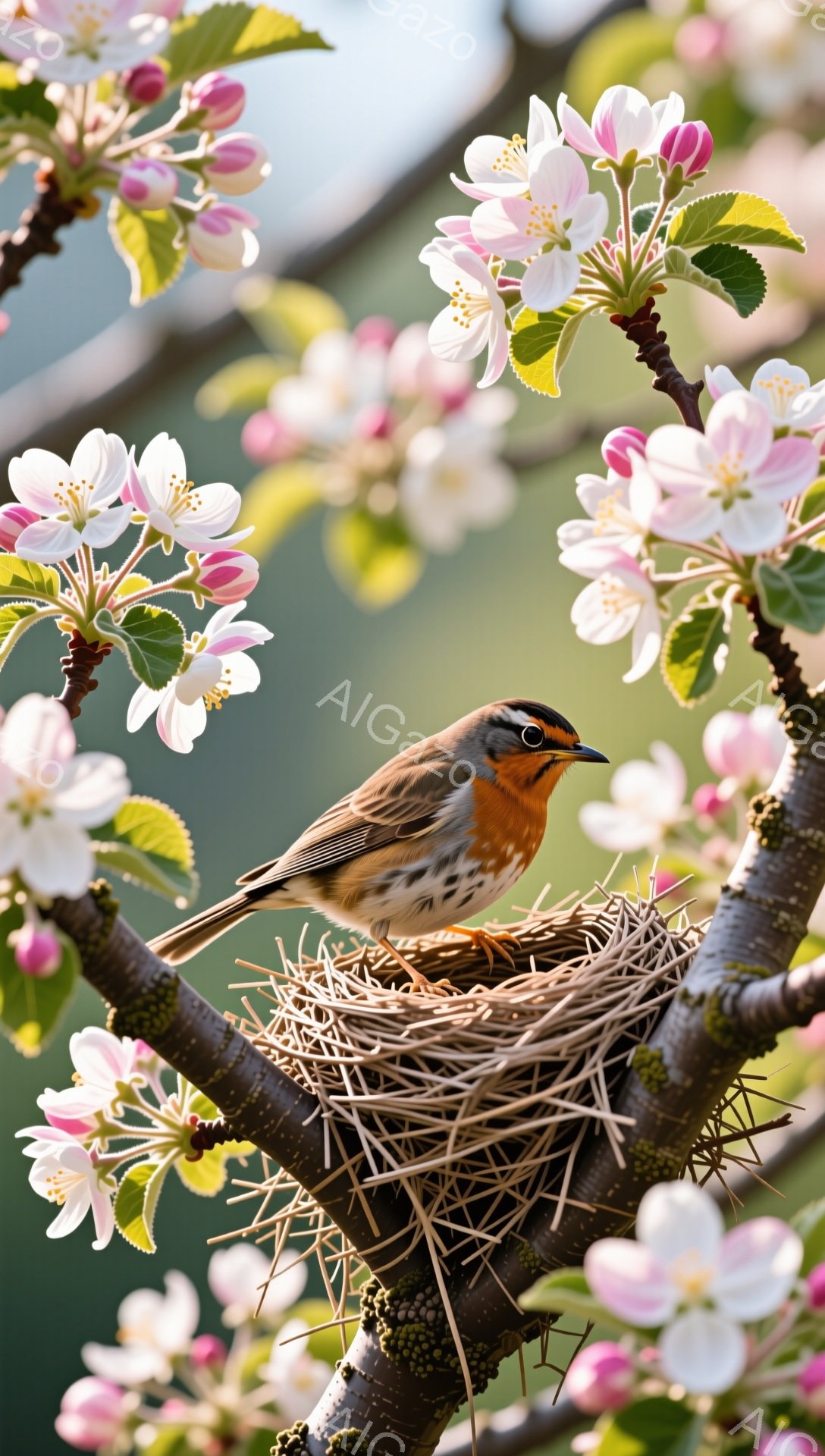 ピンク色の花が咲き誇る枝に、小さな鳥が巣に座っています。鳥はオレンジ色と茶色の羽を持ち、巣は枝にしっかりと固定されています。春の穏やかな光が差し込み、暖かく柔らかな雰囲気を醸し出しています。