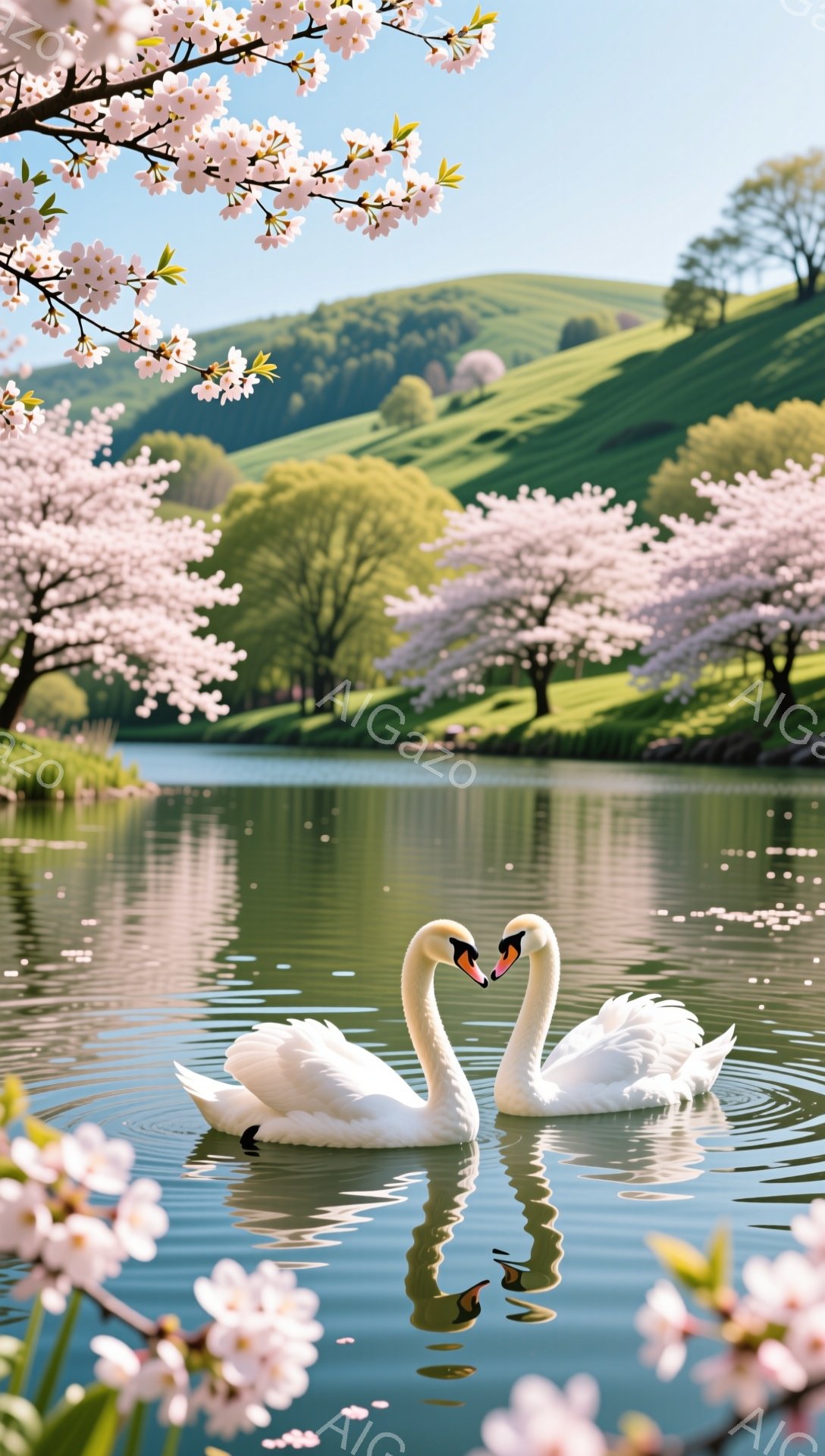 白鳥が寄り添い、穏やかな湖面を優雅に泳いでいる。背景には桜が咲き誇り、春の穏やかな風景が広がっている。水面に映る鳥と桜のコントラストが美しい。 - AI生成フリー素材