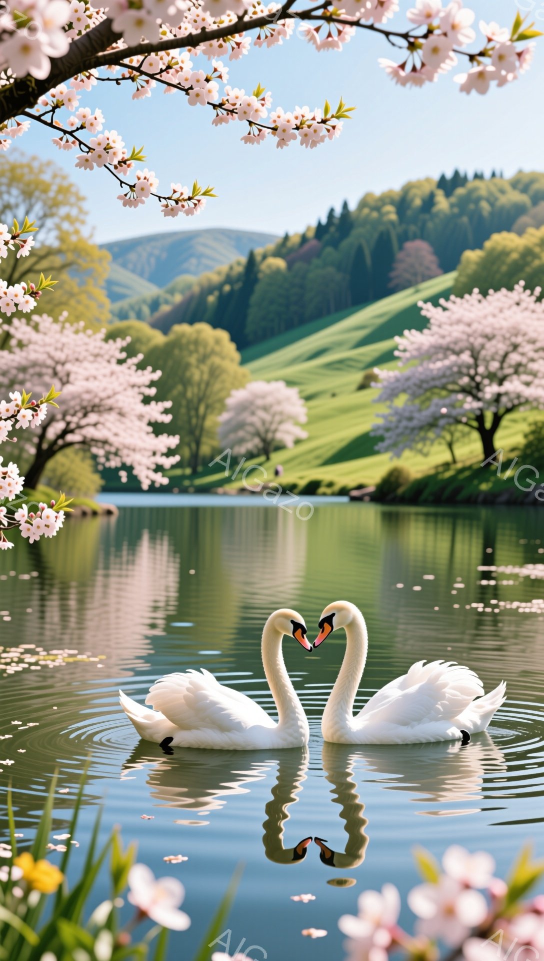 白鳥が湖でハート型を作って泳いでいます。背景には桜並木と緑豊かな丘が広がり、春の穏やかな雰囲気が漂っています。水面には花びらが散り、ロマンチックな情景が広がっています。