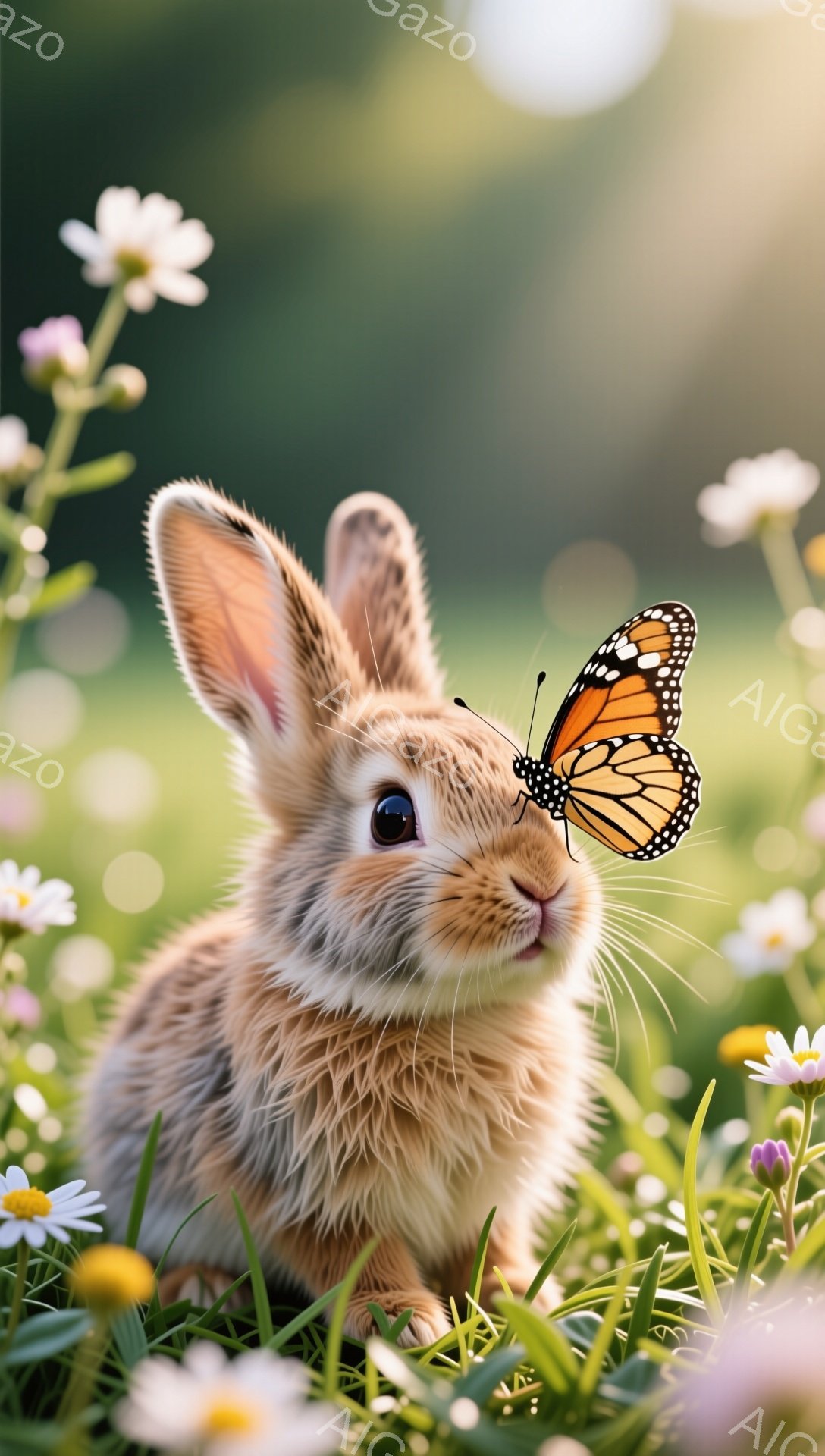 柔らかい毛並みのうさぎが、白い花が咲く緑の草原に座っています。鮮やかなオレンジ色の蝶が、うさぎの鼻先にとまっており、穏やかで可愛らしい光景です。背景はぼかされており、自然の暖かさと生命力を感じさせます。
