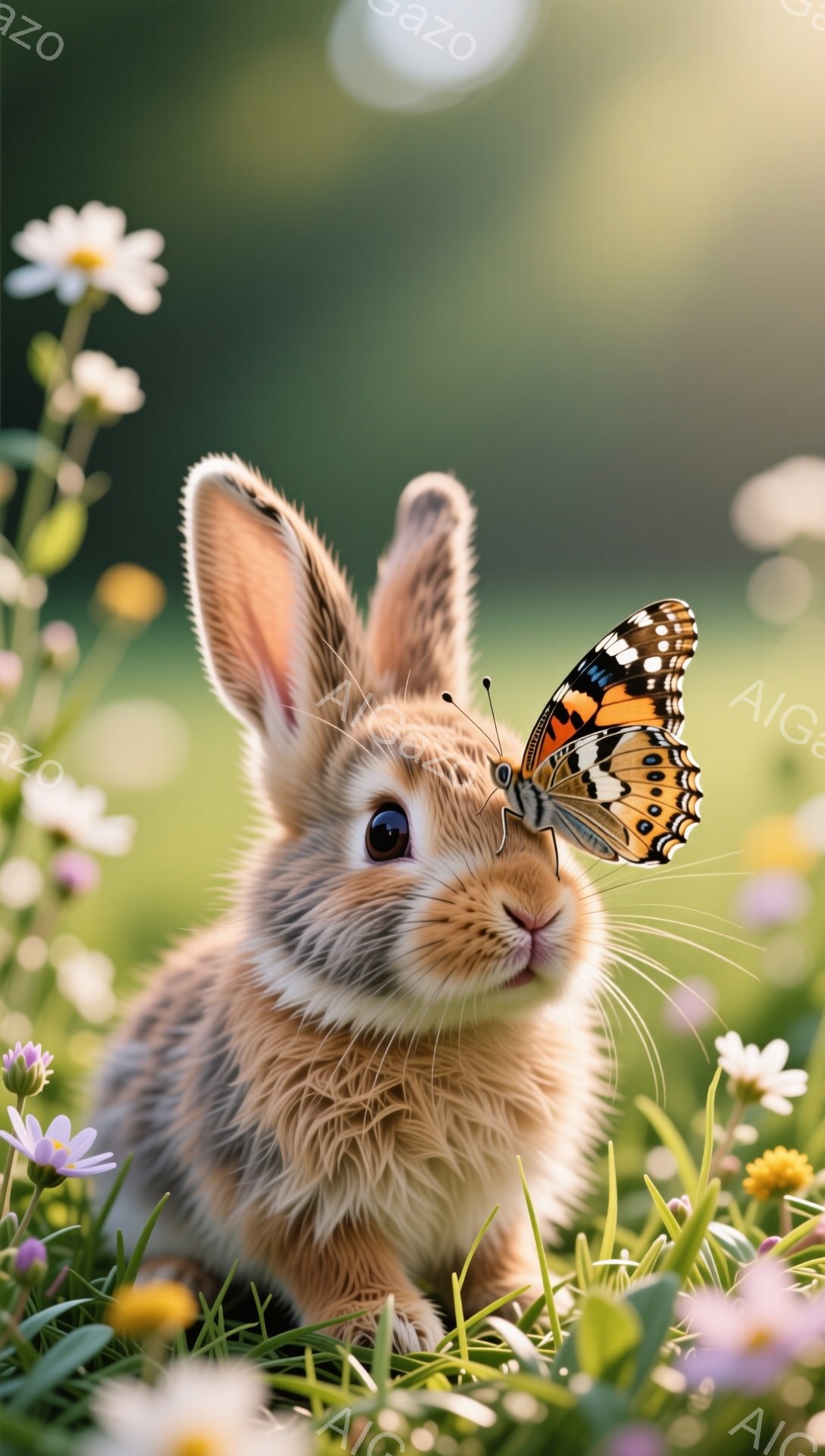 草原の中で蝶と佇む可愛らしい子ウサギが描かれています。鮮やかな緑と色とりどりの花々が背景を彩り、温かい日差しが優しく降り注いでいます。ウサギの澄んだ瞳と、蝶の繊細な模様が印象的です。 - AI生成フリー素材