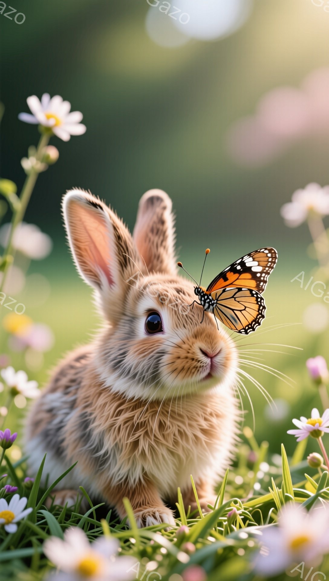小さな茶色のウサギが、白い花畑の中でじっとこちらを見つめています。蝶がその鼻にとまっており、穏やかで平和な雰囲気が漂っています。背景は緑豊かで、春の暖かさを感じさせる一枚です。