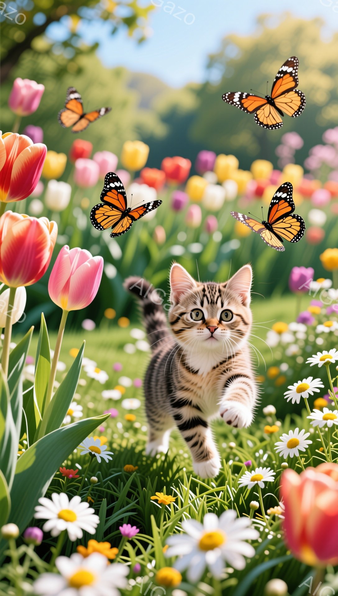 草原で遊ぶ子猫が写っています。周囲には色とりどりの花が咲き乱れ、蝶が舞っています。子猫は前足を伸ばし、嬉しそうに駆け出しています。 - AI生成フリー素材