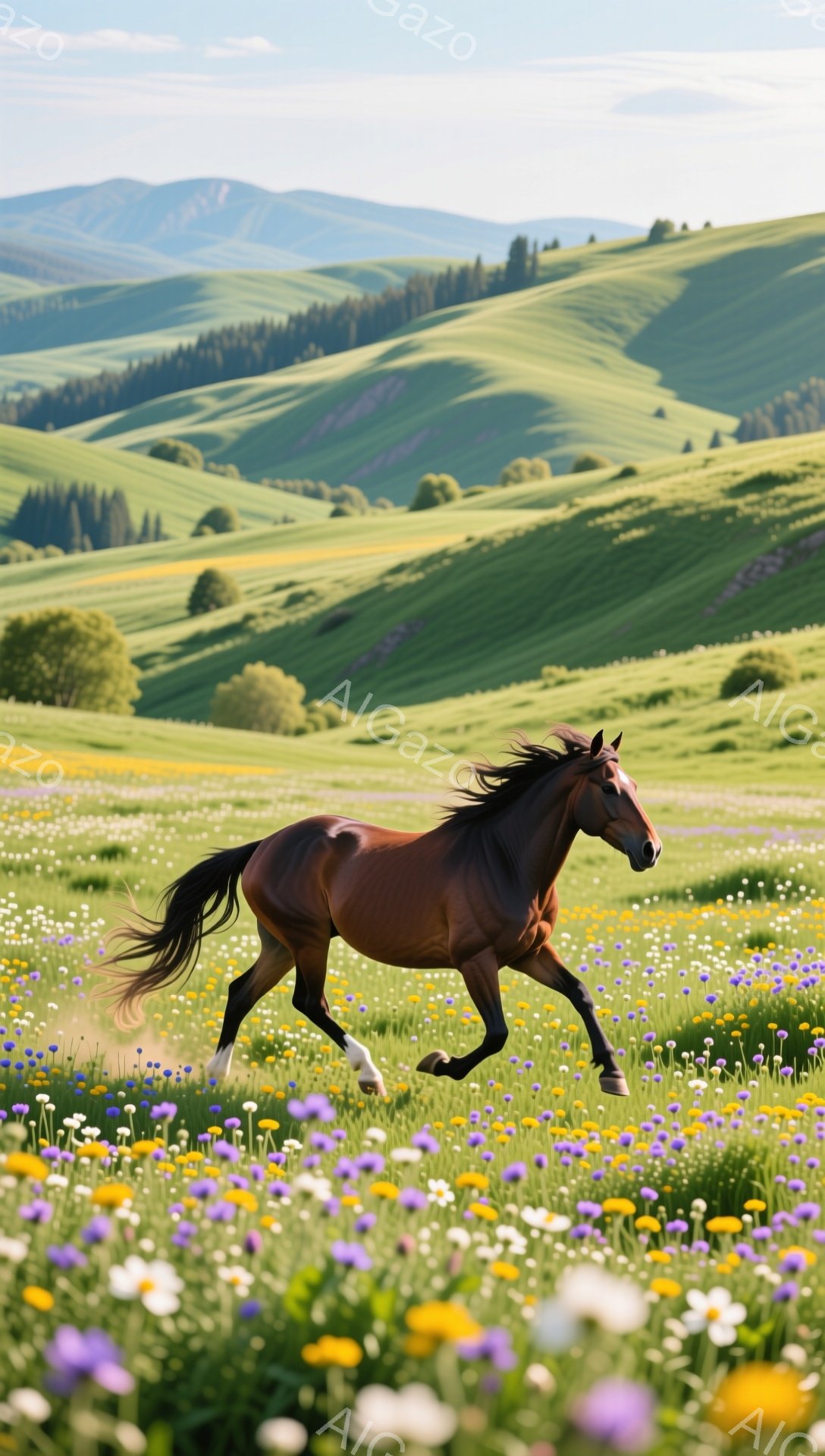 濃い茶色の馬が、花盛りの草原を力強く駆けている。穏やかな日差しが降り注ぎ、緑の丘が背景に広がる、のどかな風景だ。馬のたてがみと尾が風になびき、自由な様子が伝わってくる。 - AI生成フリー素材