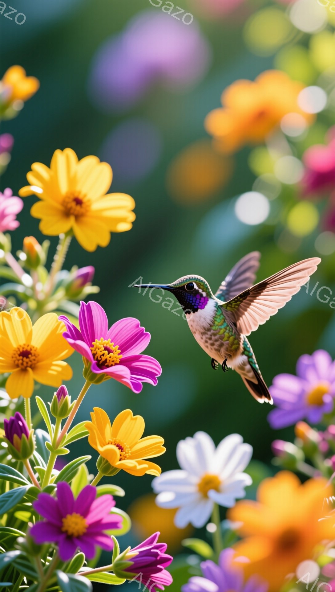色とりどりの花々の間を、鮮やかな緑色のハチドリが飛んでいる。花の蜜を求めて、優雅に翼を広げ、まるで宝石のように輝いている。背景には緑豊かな植物が広がり、自然の美しさを際立たせている。 - AI生成フリー素材