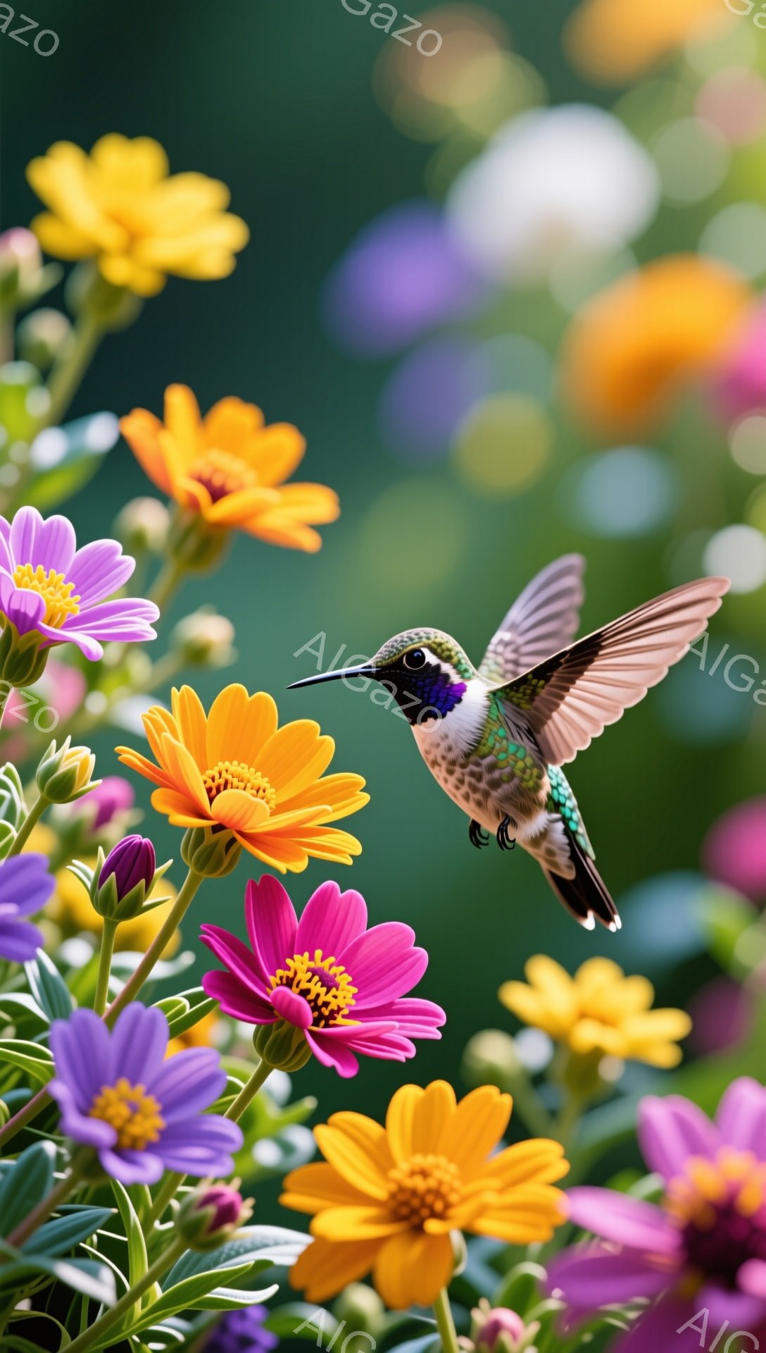 美しいハチドリが、鮮やかな花々の間で蜜を吸っています。背景には緑豊かな植物があり、柔らかい光が降り注ぎ、自然の安らぎを感じさせます。花の色とりどりが、ハチドリの鮮やかな羽の色を引き立てています。 - AI生成フリー素材