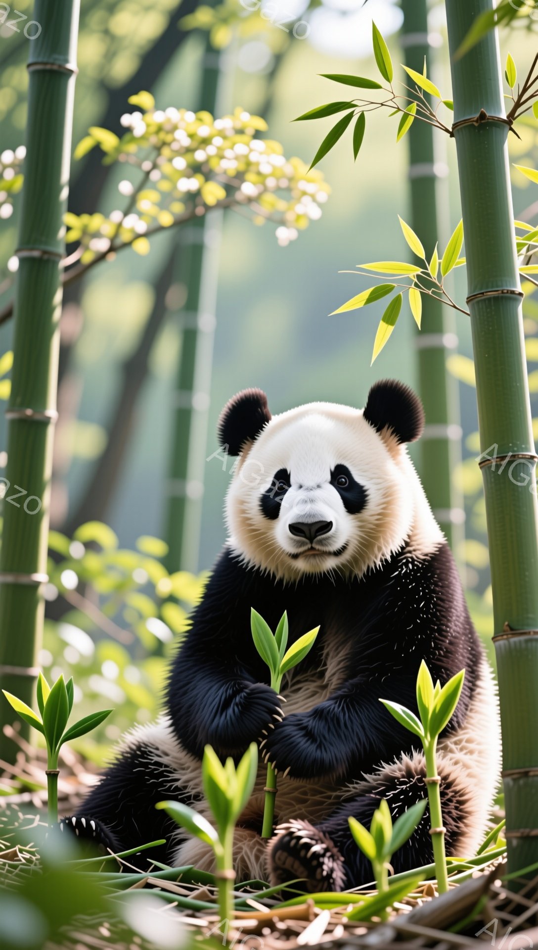 鮮やかな緑の竹林の中で、パンダが丸い体を前に出し、座ってこちらを見つめています。つややかな黒い毛並みと、白い顔のコントラストが印象的で、穏やかで優しい雰囲気を醸し出しています。周りには新緑が芽吹き、生命力に満ちた様子が伝わってきます。