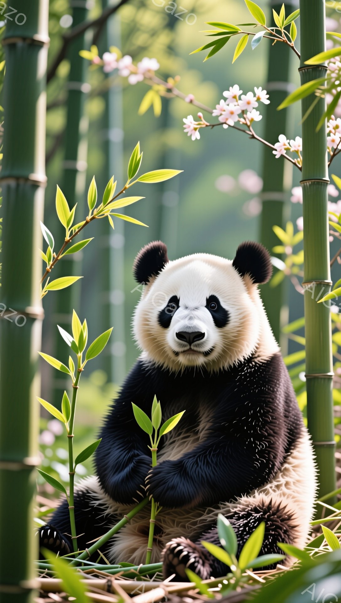 緑豊かな竹林の中で、パンダがリラックスして座っている。ピンク色の花が咲く枝が背景にあり、春の穏やかな雰囲気を醸し出している。パンダは愛らしい表情で、まるでモデルのようにこちらを見ている。