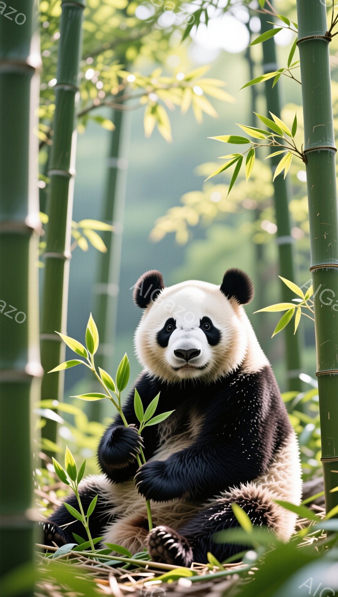 緑豊かな竹林の中で、パンダが前足で何かを抱え、穏やかな表情でこちらを見つめている。光が差し込み、竹の葉が輝き、リラックスした雰囲気が漂う。パンダのふわふわとした毛並みが可愛らしい。 - AI生成フリー素材