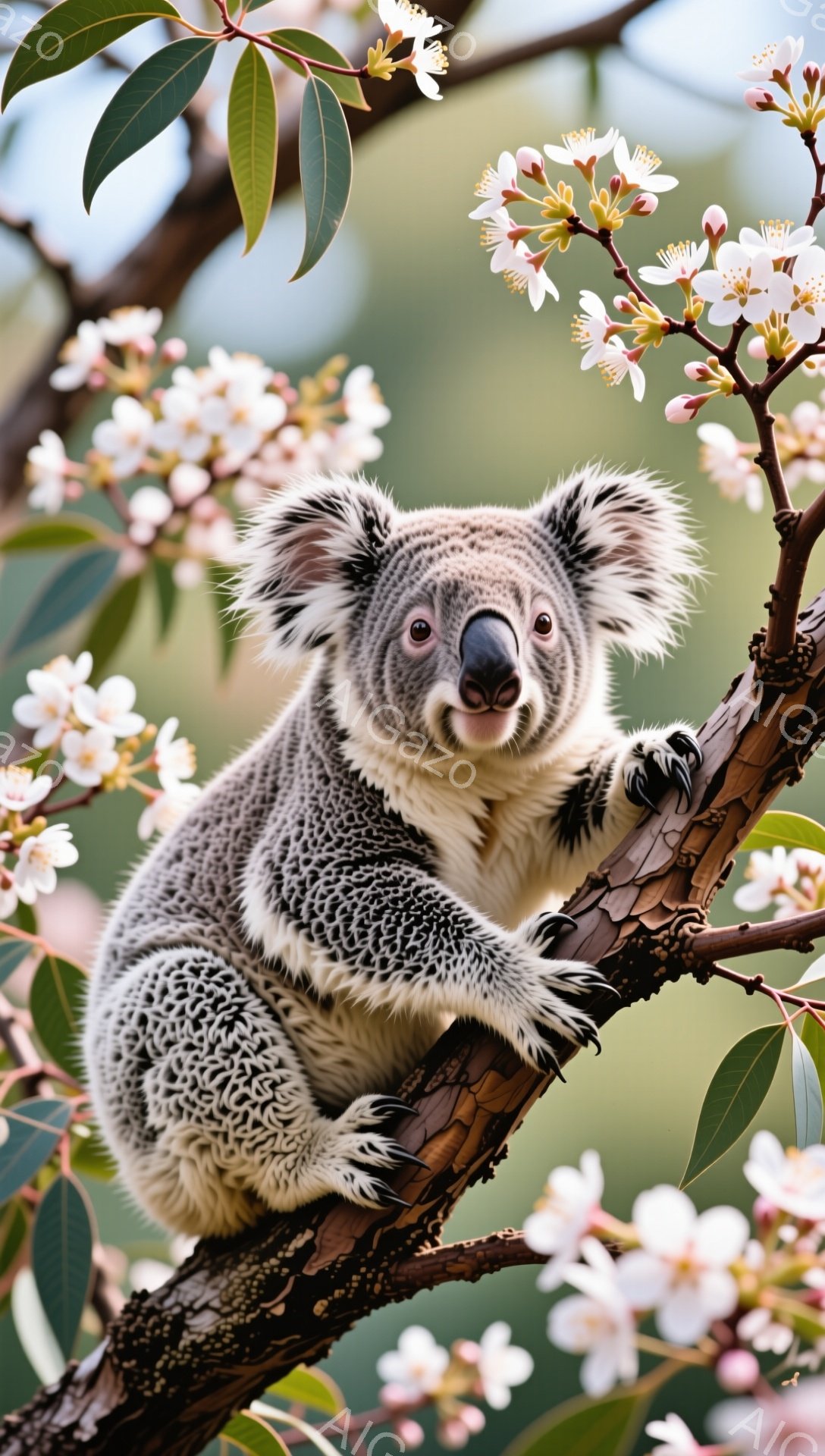 灰色の毛並みのコアラが木の枝にしがみついています。周りにはピンク色の花が咲き乱れ、春らしい雰囲気です。コアラは穏やかな表情で、まるで微笑んでいるようです。 - AI生成フリー素材