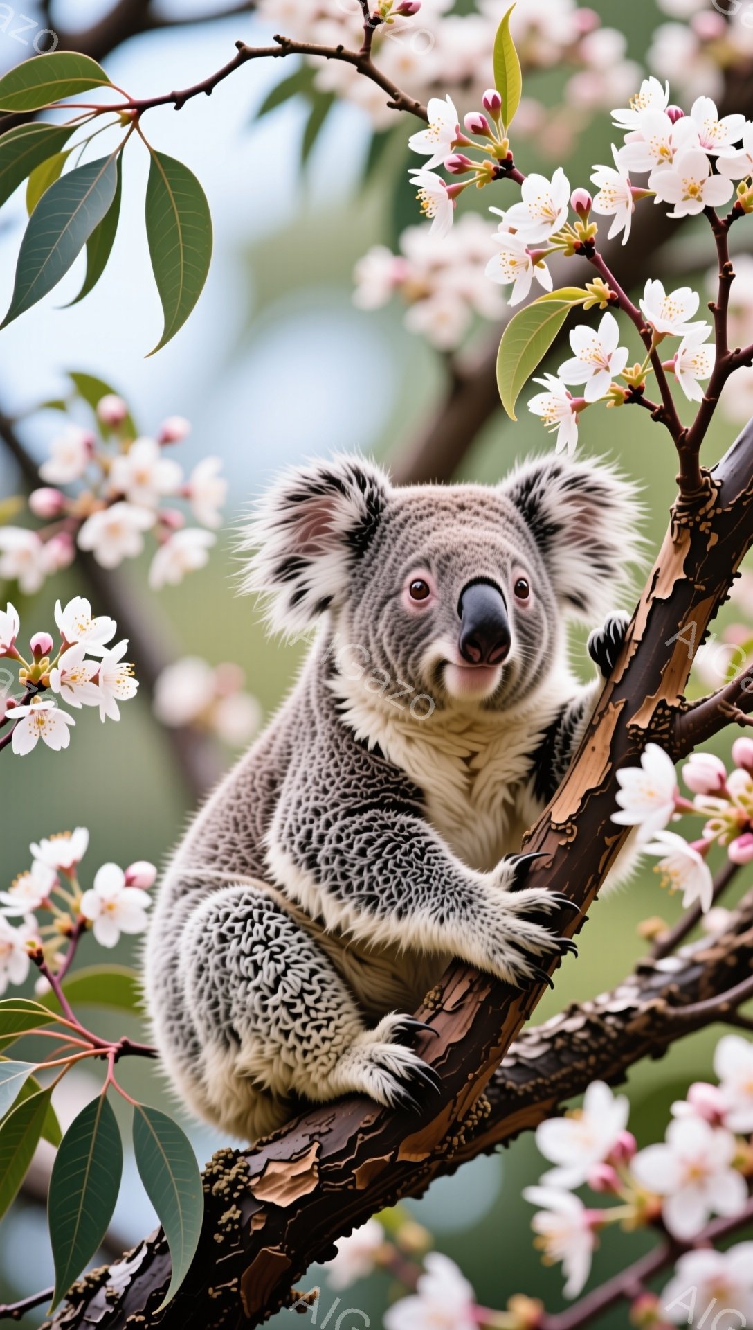 コアラが木の枝に抱きつき、穏やかな表情でこちらを見ている。周囲にはピンク色の桜の花が咲き誇り、春の暖かさと優しさを感じさせる。木の幹とコアラの毛並みが対照的で、柔らかい光が全体を包み込んでいる。