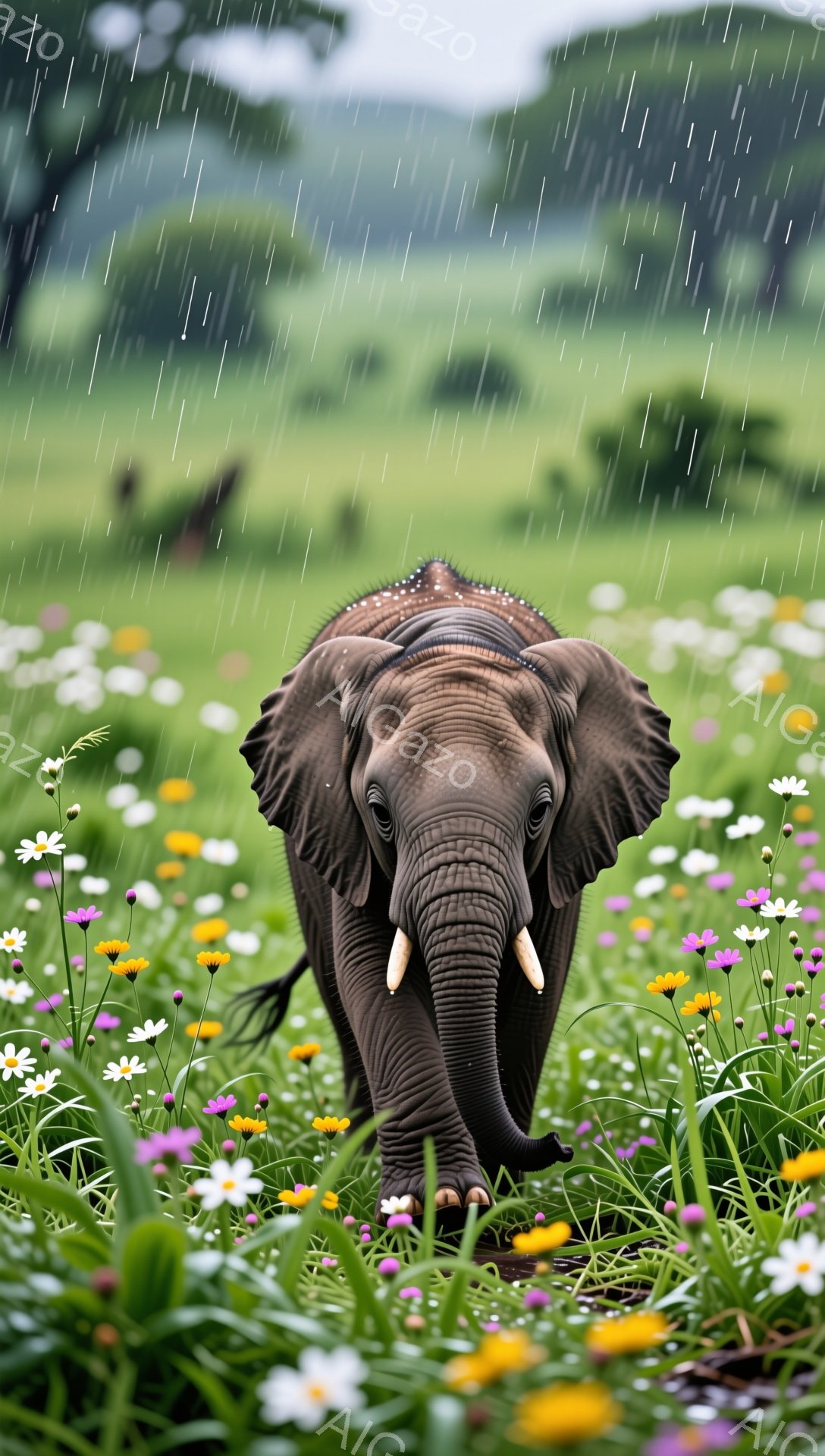 アフリカゾウが花畑の中を歩いている。雨が降り注ぎ、周囲は緑豊かで生き生きとした雰囲気が漂っている。花々はカラフルで、ゾウとのコントラストが美しい。