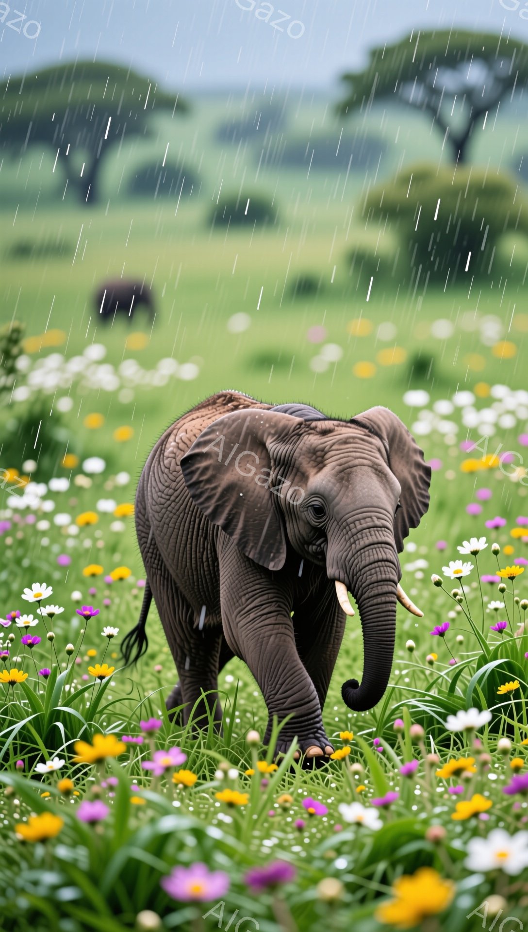 鮮やかな花々が咲き乱れる草原を、子象がゆっくりと歩いている。雨が降り注ぎ、背景にはぼんやりと木々が見える。希望に満ちた、穏やかな雰囲気が漂っている。