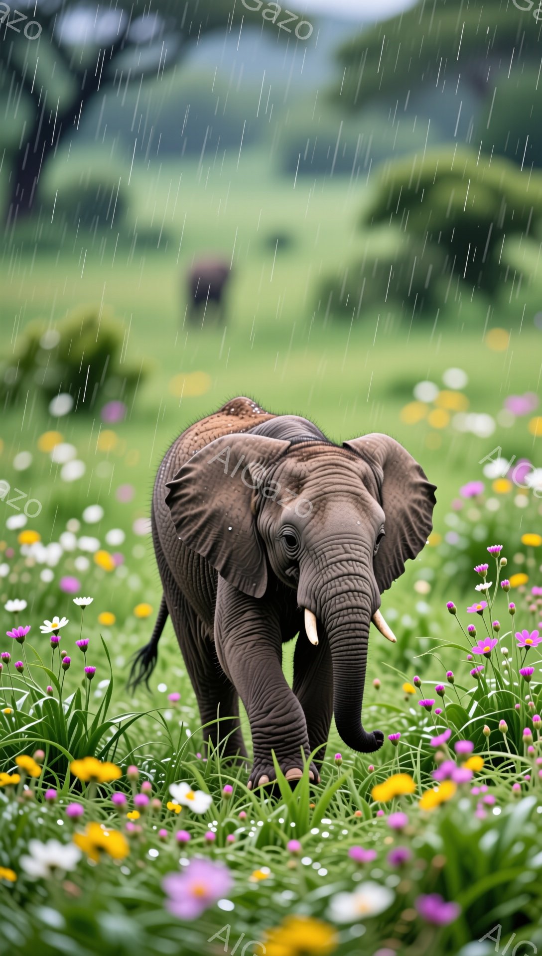 幼いゾウが色とりどりの花畑の中を歩いている。雨が降り注ぎ、背景は緑豊かな風景が広がっている。このシーンは、自然の美しさと動物の愛らしさを際立たせている。