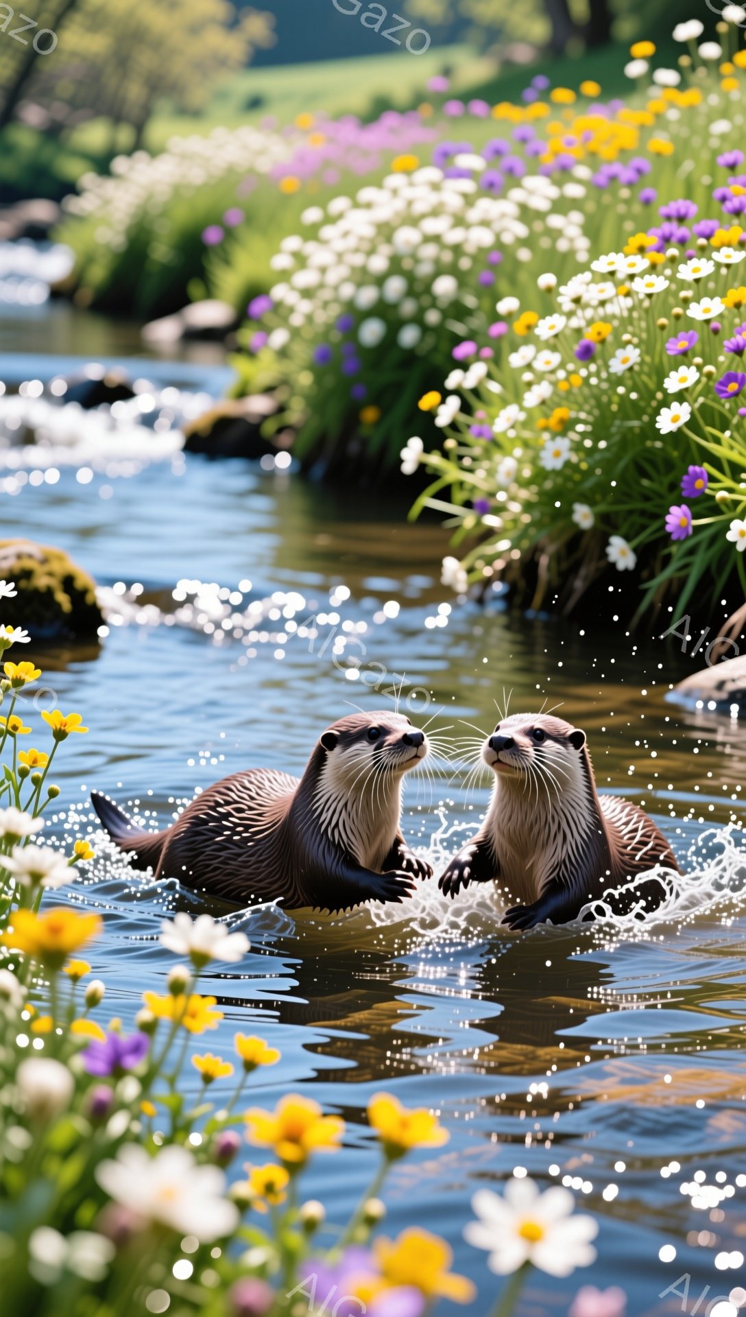 ２匹のカワウソが水中で顔を合わせ、楽しそうに遊んでいる。周りには色とりどりの花が咲き乱れ、水面には水しぶきが飛び散っている。穏やかな雰囲気で、自然の中で生き生きと暮らすカワウソの姿が美しい。