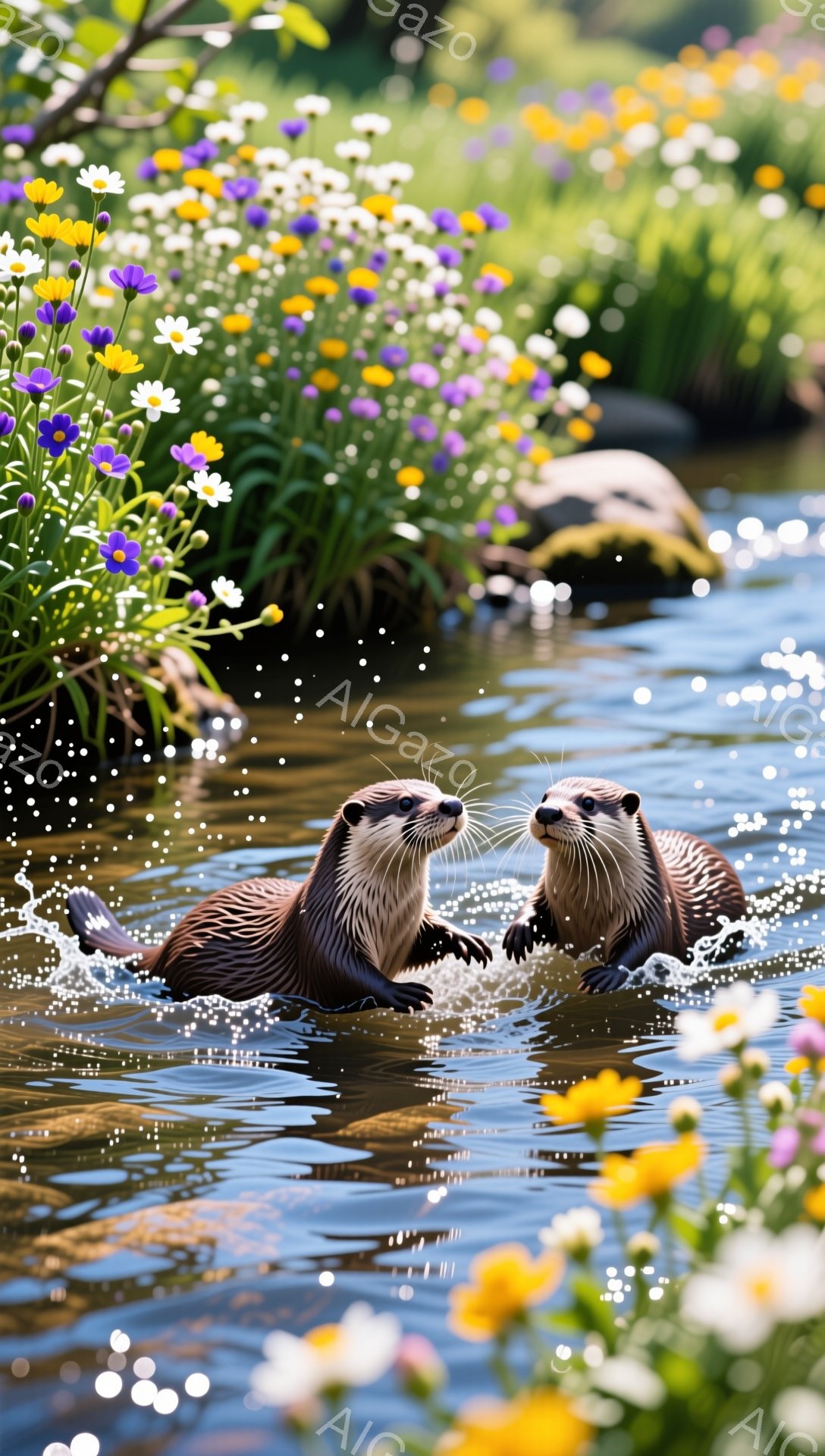 鮮やかな花々が咲き乱れる川の中で、カワウソが2匹、水しぶきを上げながら楽しそうに遊んでいます。水の表面には光が反射し、生き生きとした瞬間を捉えています。背景には緑豊かな植物が見え、自然の美しさを際立たせています。