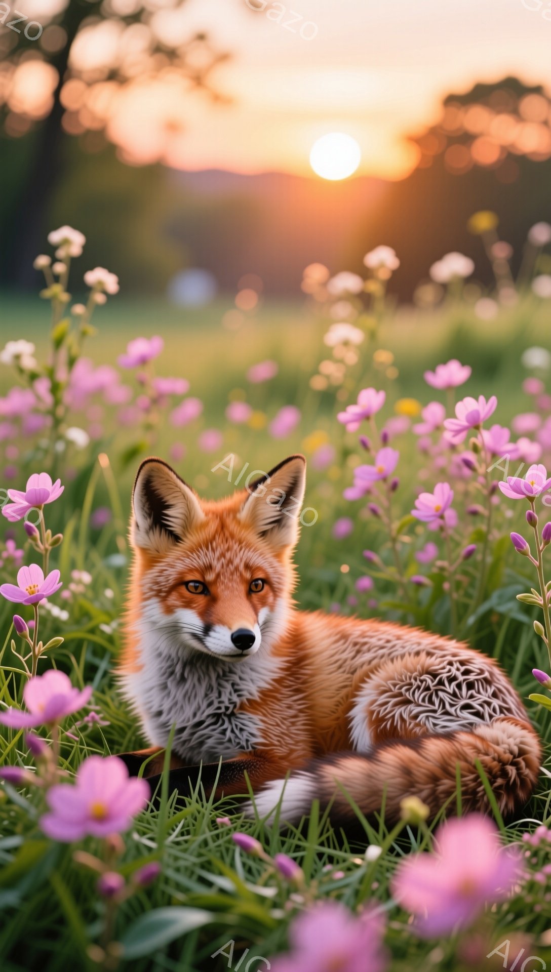 明るいピンクの花々に囲まれ、キツネがゆったりと横たわっています。夕焼けの光がキツネの毛並みを照らし、温かく穏やかな雰囲気を醸し出しています。自然の中でのリラックスした一瞬が捉えられています。 - AI生成フリー素材